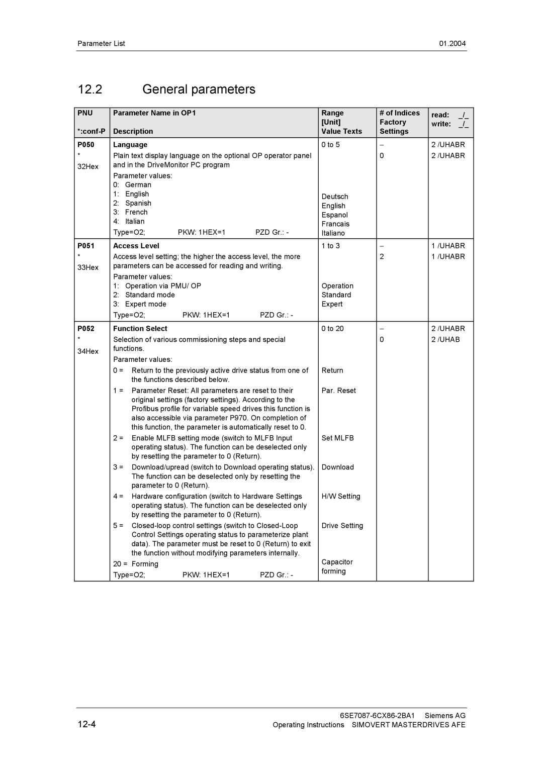 Siemens 400 V / 210...590 A operating instructions General parameters, P051 Access Level, P052 Function Select 