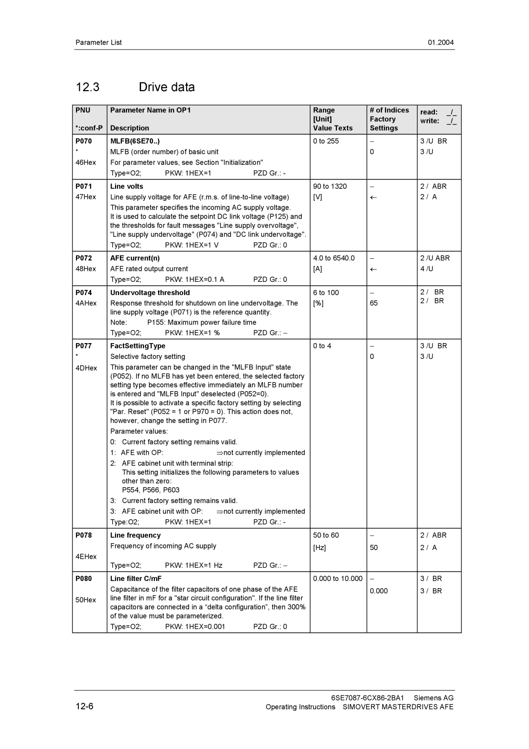 Siemens 400 V / 210...590 A operating instructions Drive data 