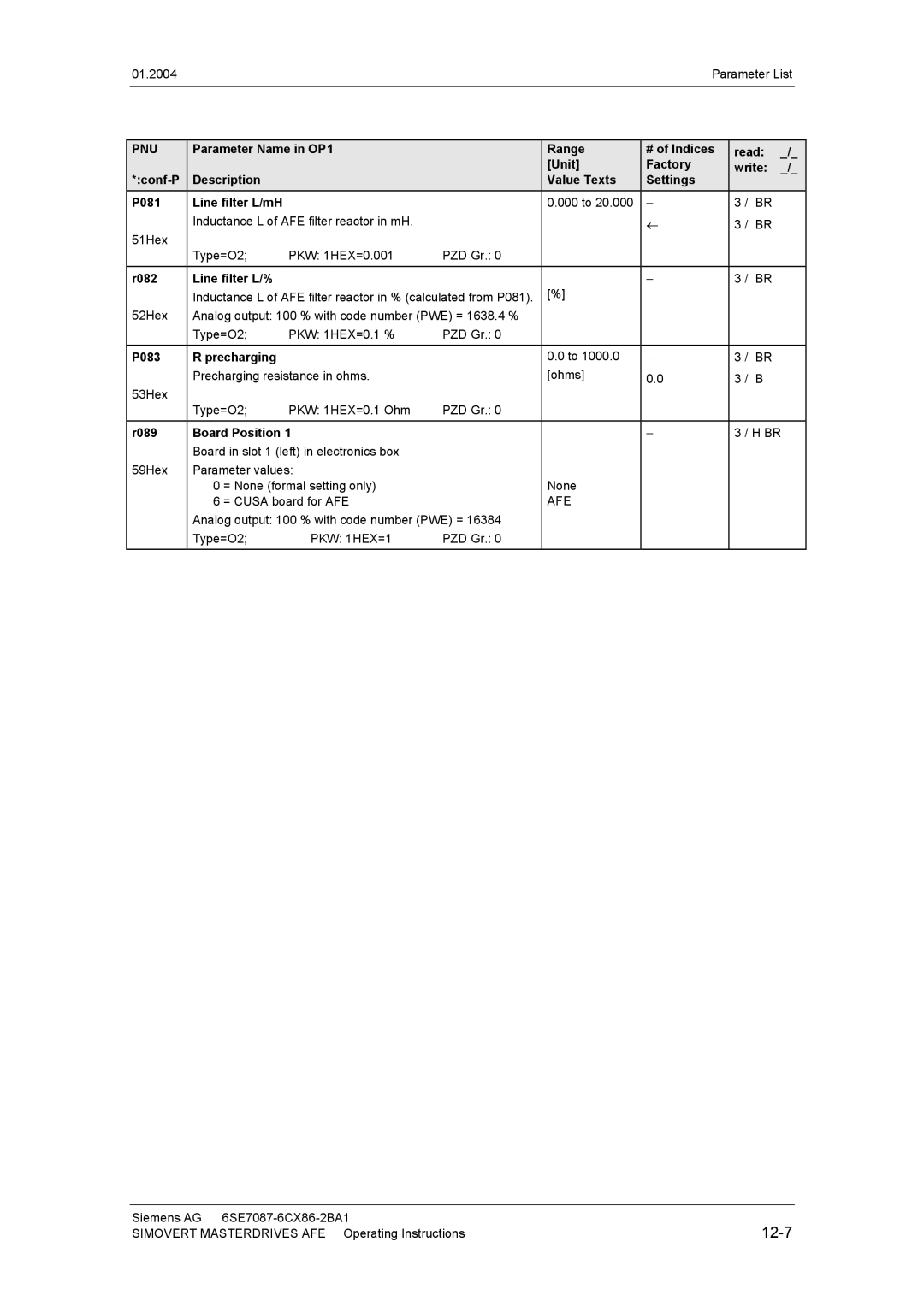 Siemens 400 V / 210...590 A operating instructions 12-7, R082 Line filter L/%, P083 Precharging, R089 Board Position 