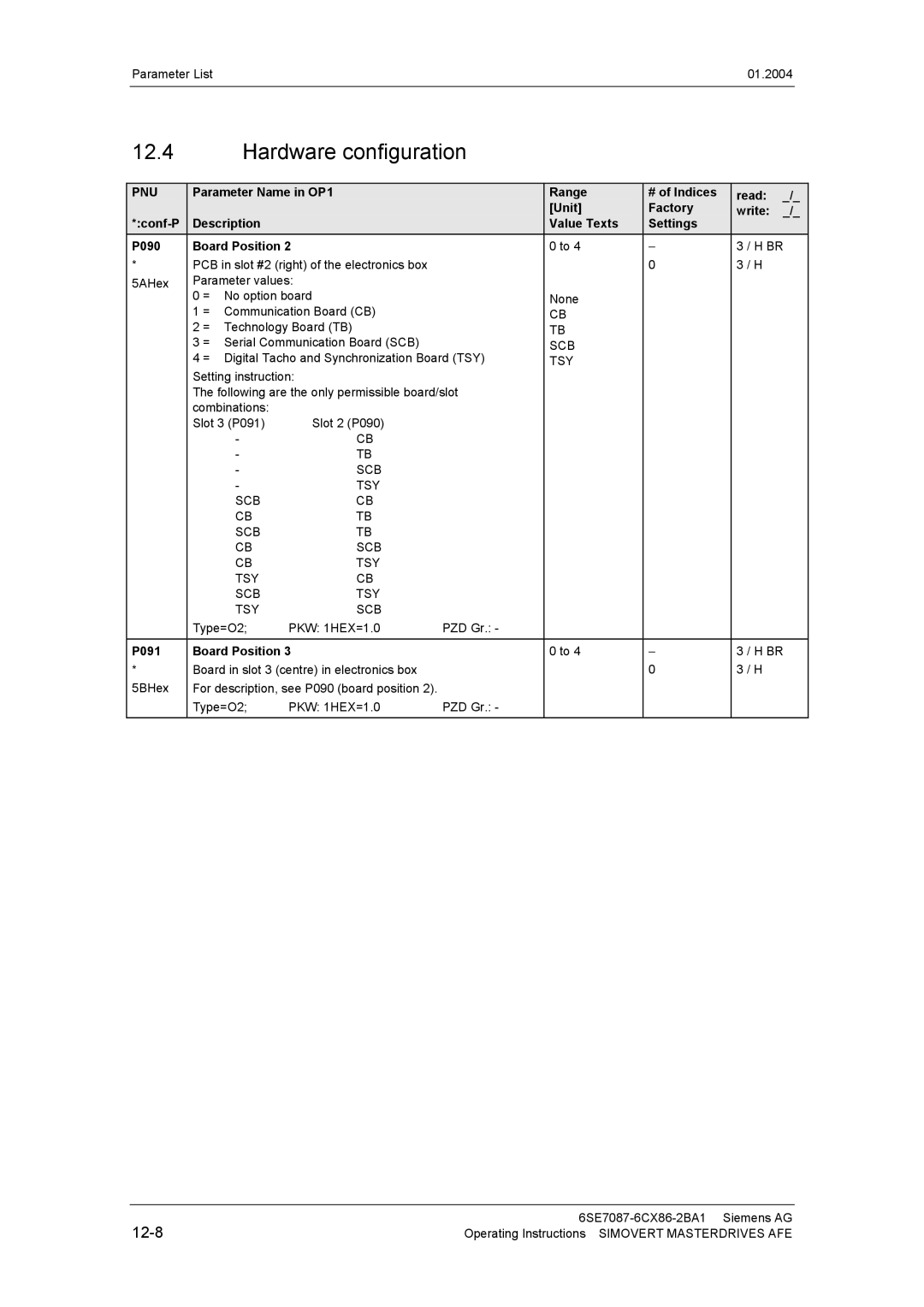 Siemens 400 V / 210...590 A operating instructions Hardware configuration, P091 Board Position 