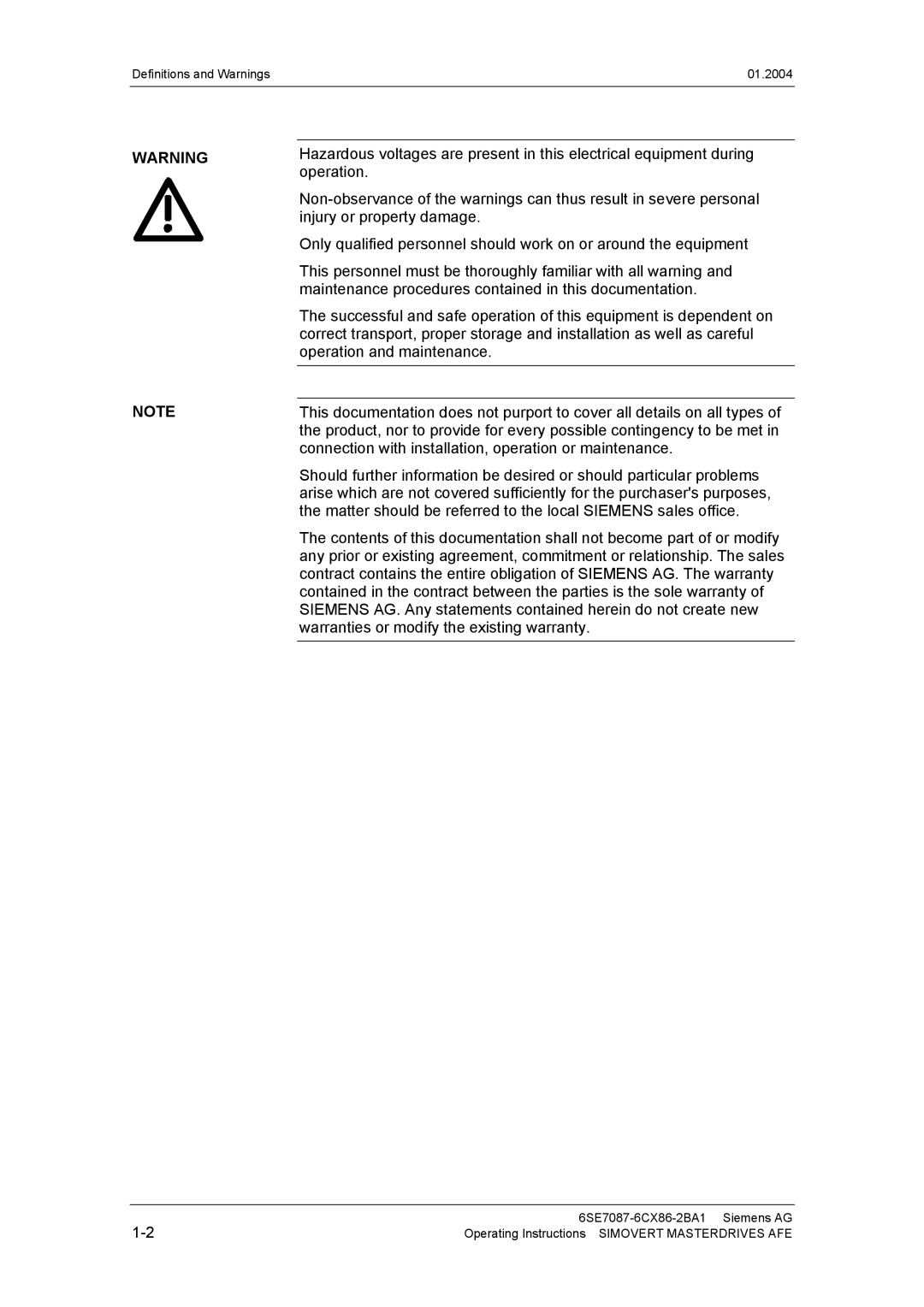 Siemens 400 V / 210...590 A operating instructions Definitions and Warnings 01.2004 