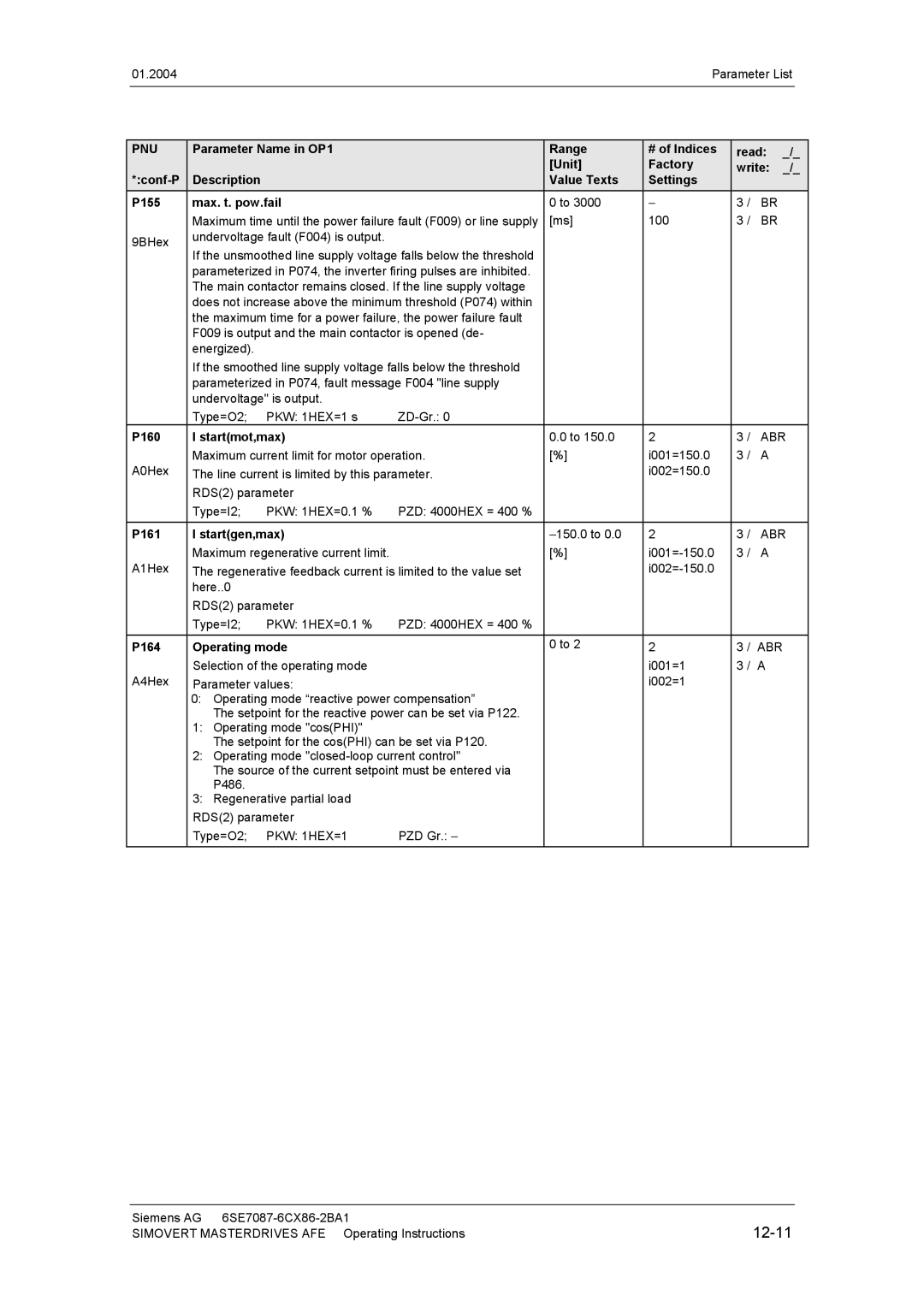 Siemens 400 V / 210...590 A operating instructions 12-11, P160 Startmot,max, P161 Startgen,max, P164 Operating mode 