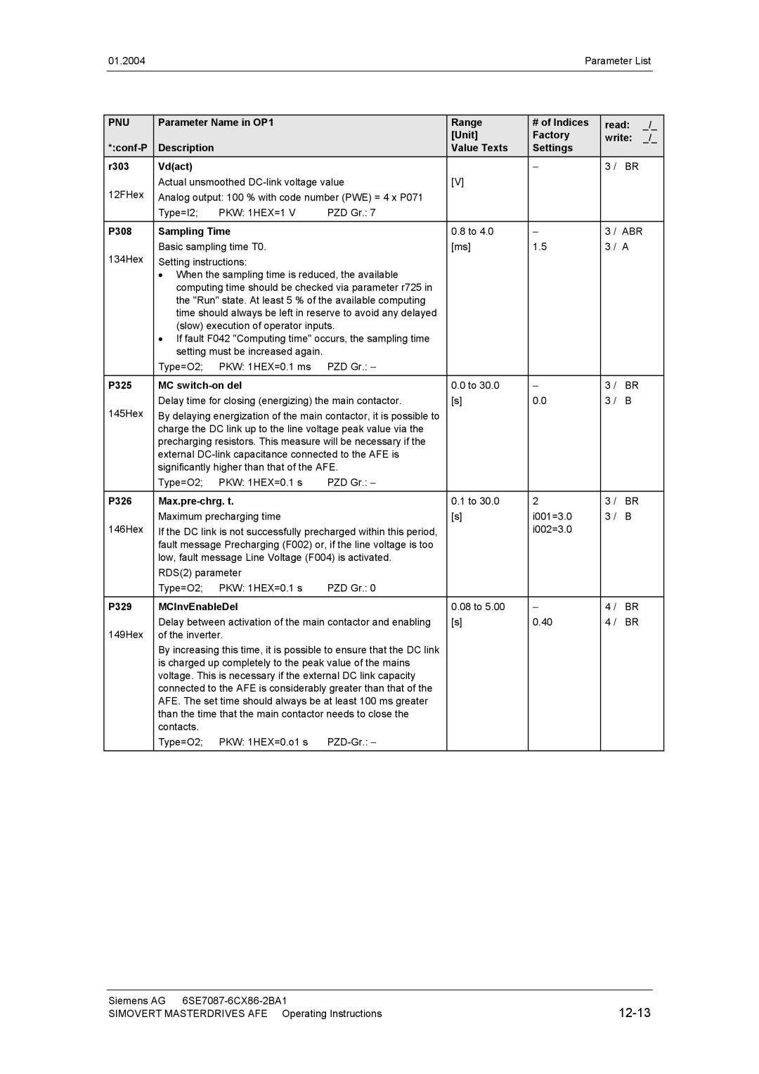 Siemens 400 V / 210...590 A 12-13, P308 Sampling Time, P325 MC switch-on del, P326 Max.pre-chrg. t, P329 MCInvEnableDel 