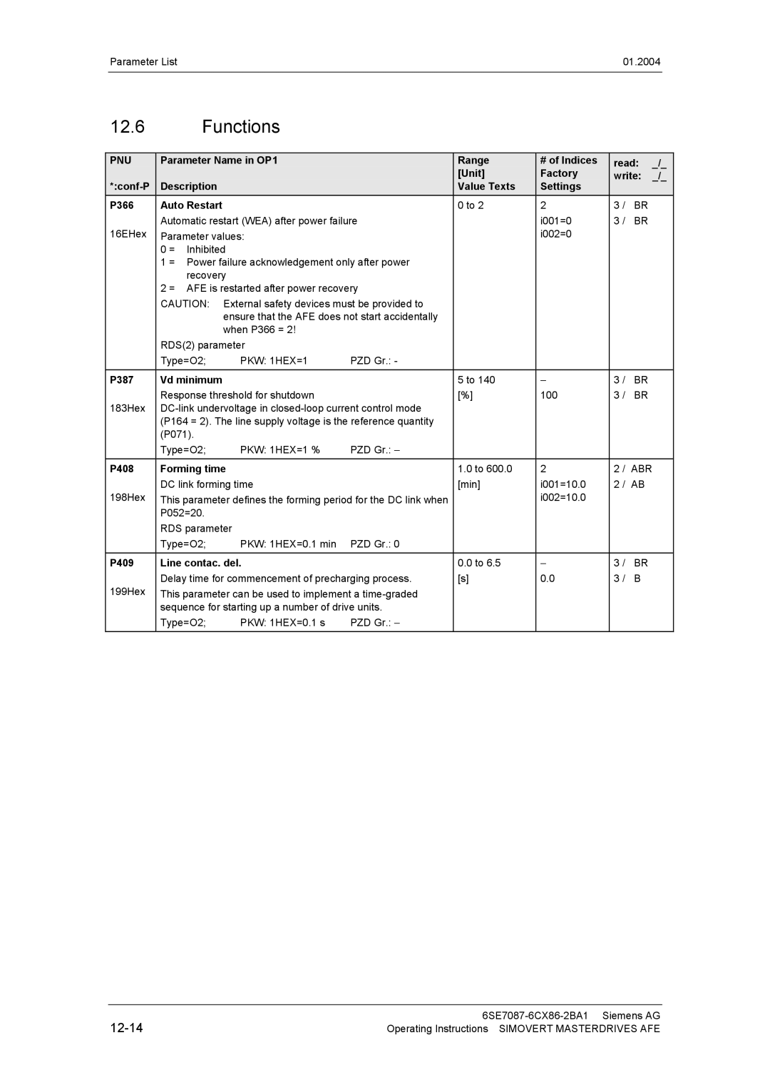 Siemens 400 V / 210...590 A operating instructions Functions, P387, P408 Forming time, P409 Line contac. del 