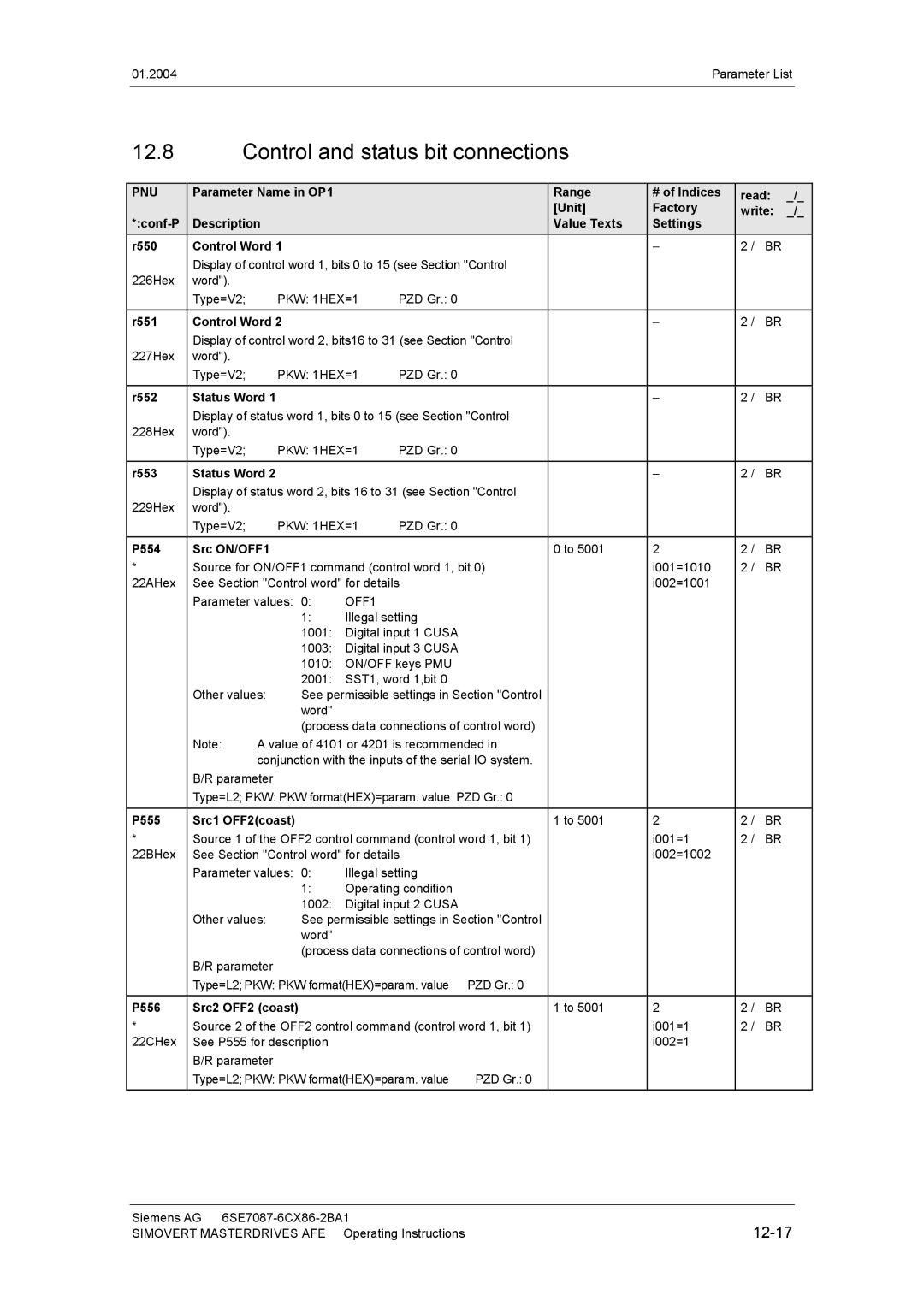 Siemens 400 V / 210...590 A operating instructions Control and status bit connections 