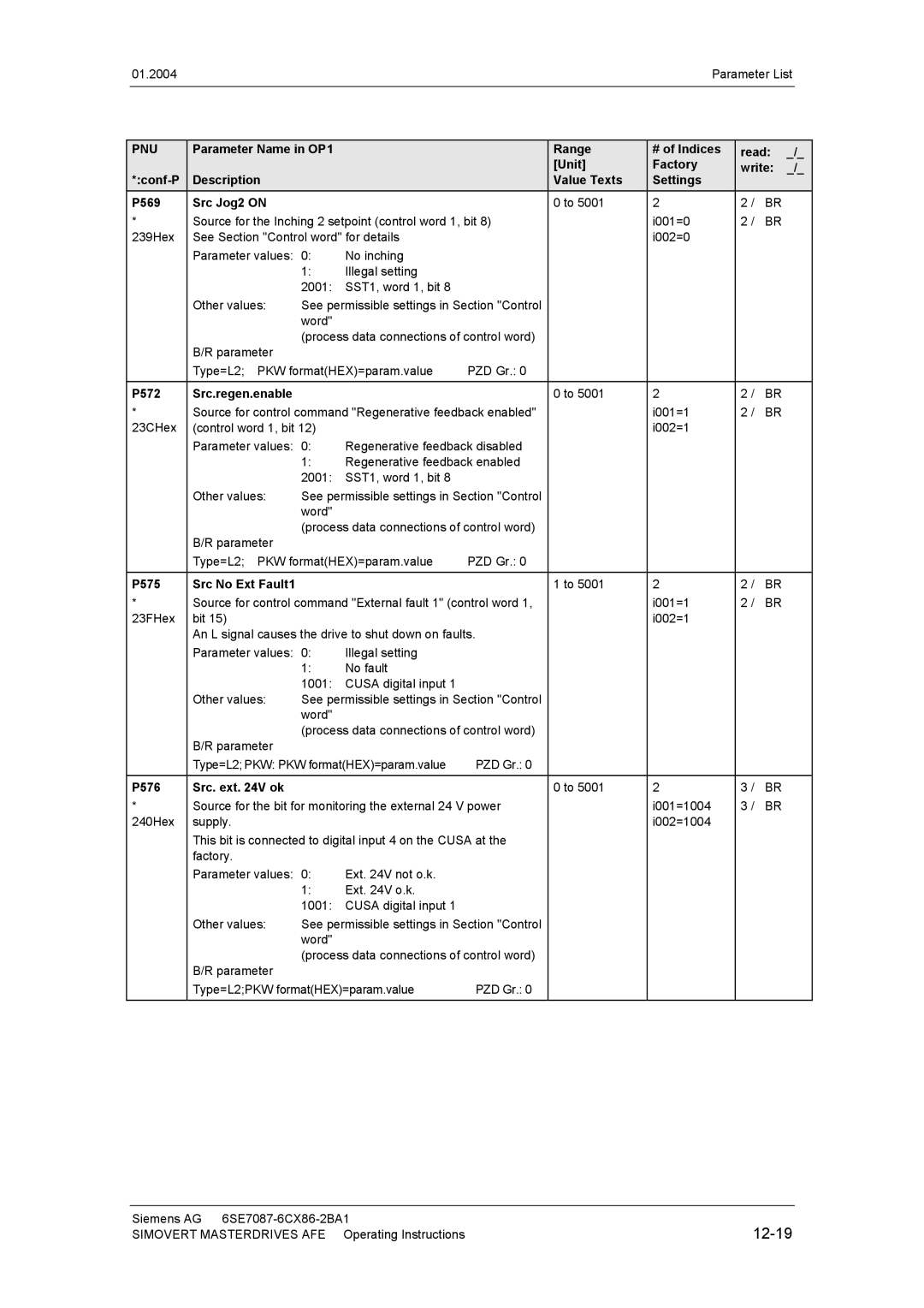 Siemens 400 V / 210...590 A operating instructions 12-19, P572, P575 Src No Ext Fault1, P576 Src. ext V ok 