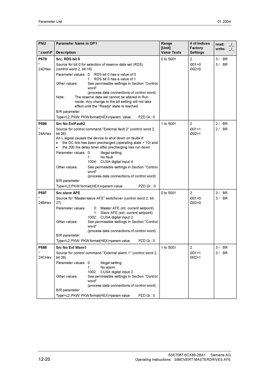 Siemens 400 V / 210...590 A operating instructions 12-20, P586 Src No ExtFault2, P587 Src.slave AFE, P588 Src No Ext Warn1 