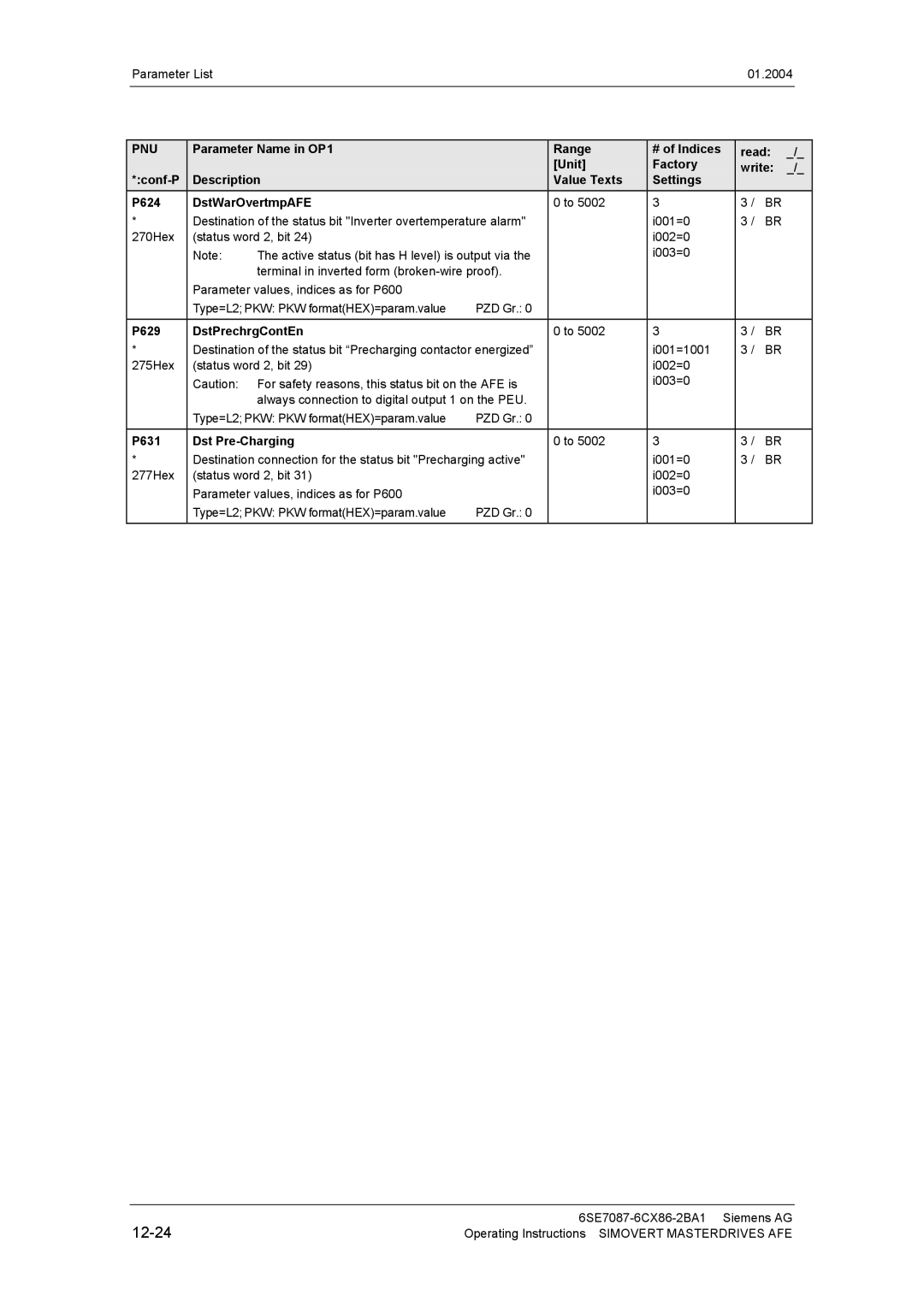 Siemens 400 V / 210...590 A operating instructions 12-24, P629 DstPrechrgContEn, P631 Dst Pre-Charging 