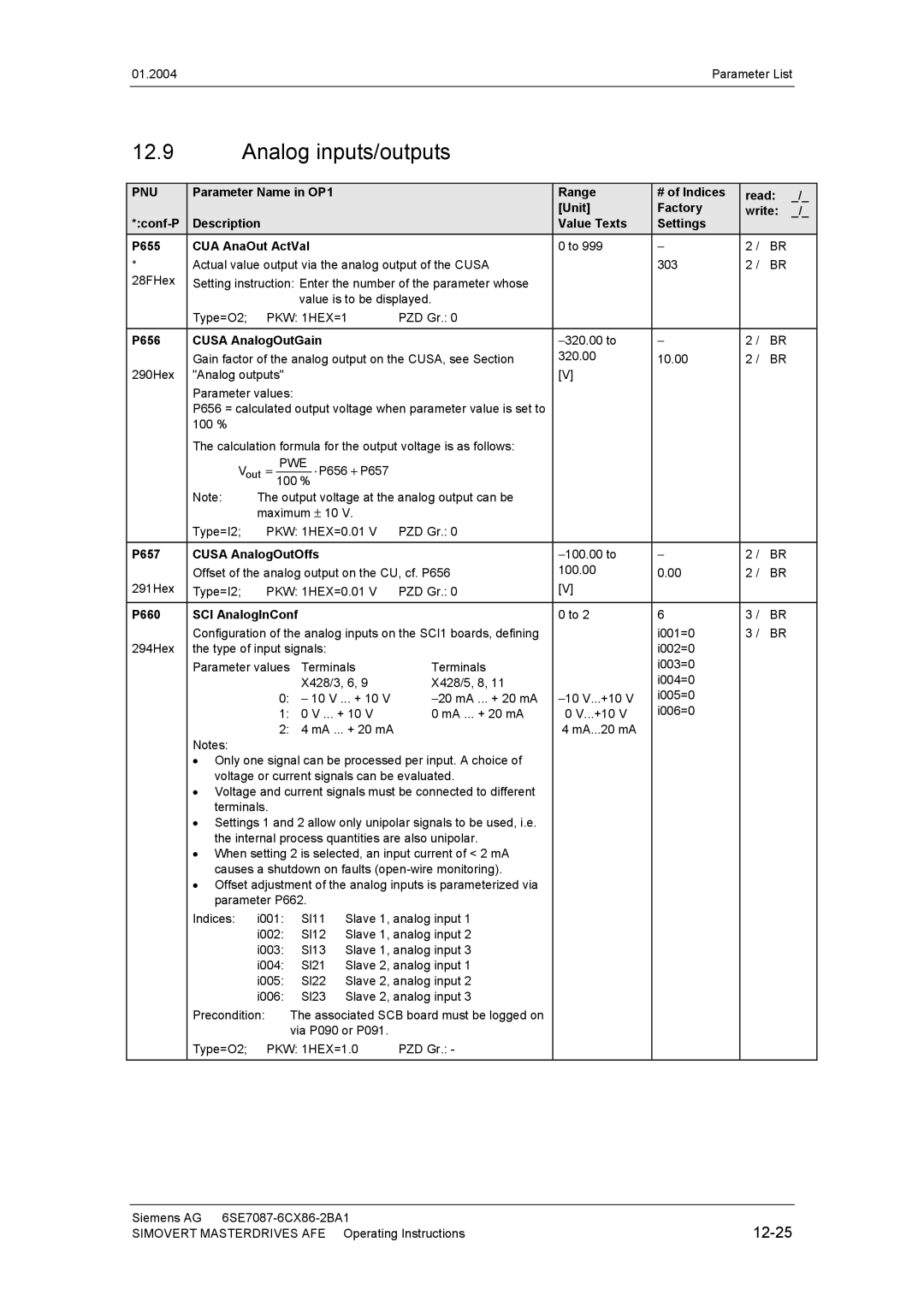 Siemens 400 V / 210...590 A Analog inputs/outputs, P656 Cusa AnalogOutGain, P657 Cusa AnalogOutOffs, P660 SCI AnalogInConf 