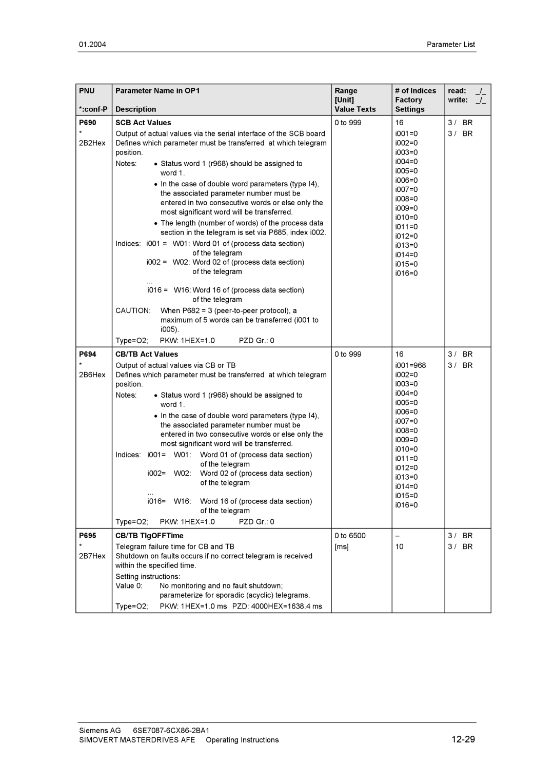 Siemens 400 V / 210...590 A operating instructions 12-29, P694 CB/TB Act Values, P695 CB/TB TlgOFFTime 