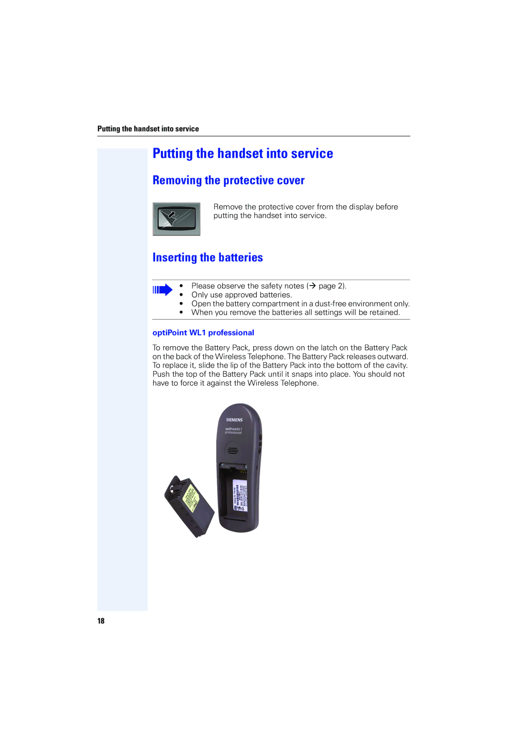 Siemens 4000 Putting the handset into service, Removing the protective cover, Inserting the batteries 
