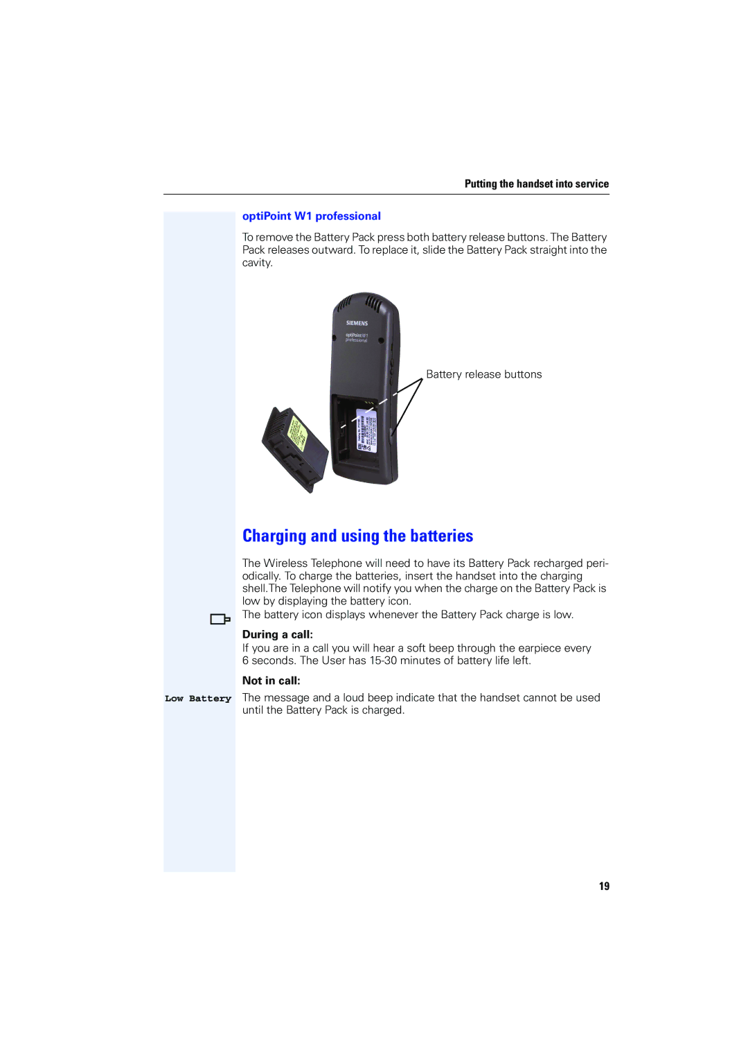 Siemens 4000 operating instructions Charging and using the batteries, OptiPoint W1 professional 