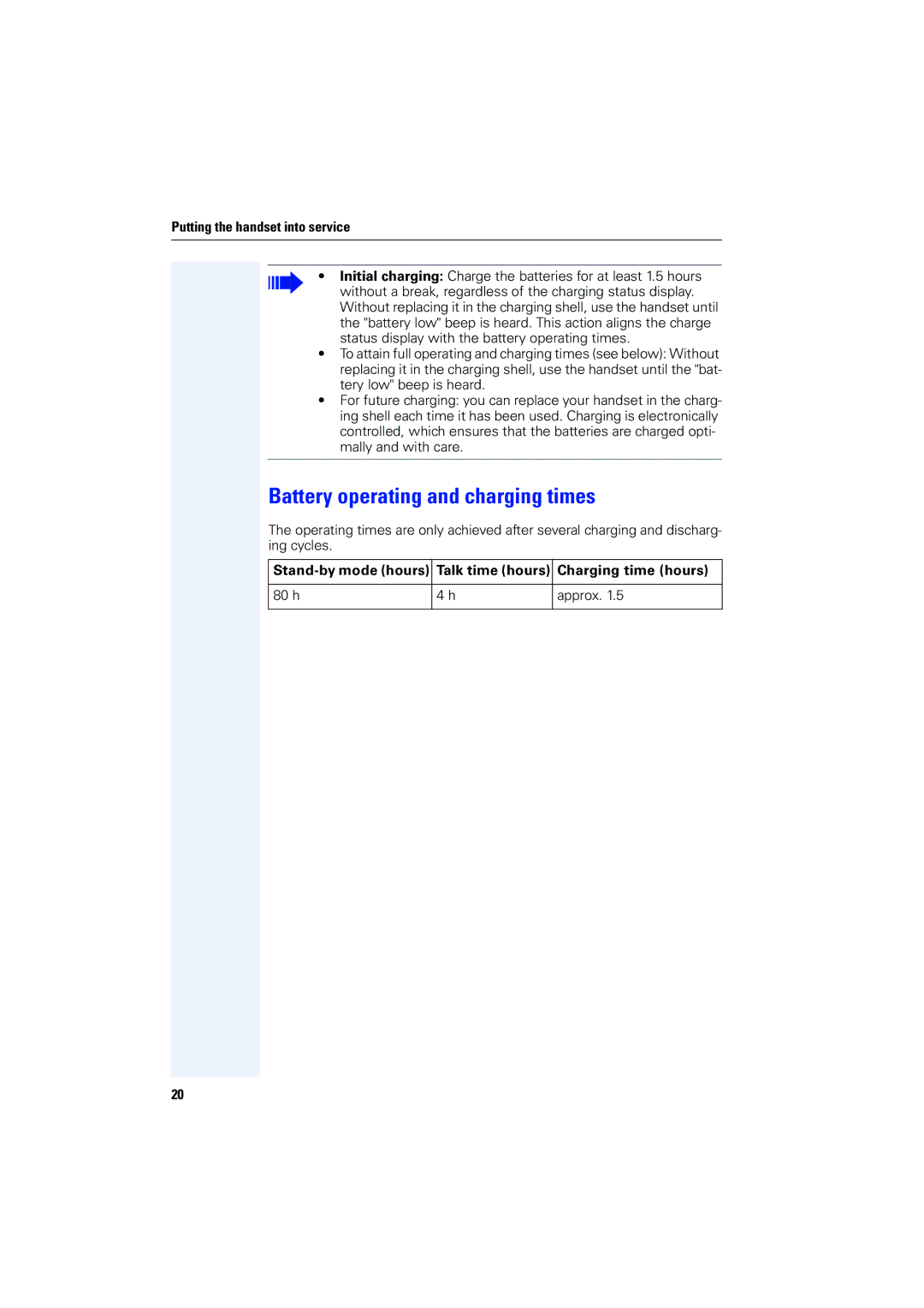 Siemens 4000 operating instructions Battery operating and charging times 