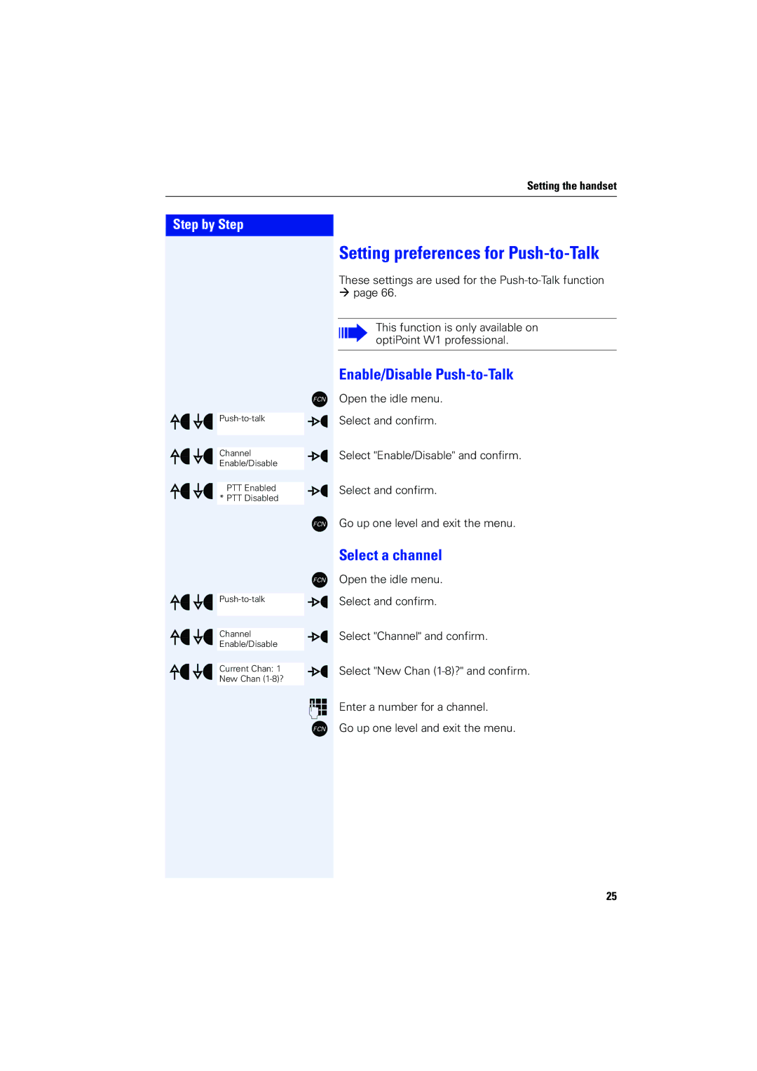 Siemens 4000 operating instructions Setting preferences for Push-to-Talk, Enable/Disable Push-to-Talk, Select a channel 