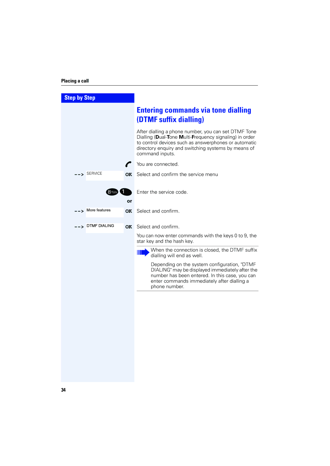 Siemens 4000 operating instructions Entering commands via tone dialling Dtmf suffix dialling 