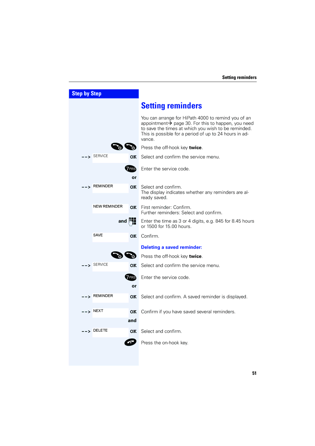 Siemens 4000 operating instructions Setting reminders, Deleting a saved reminder 