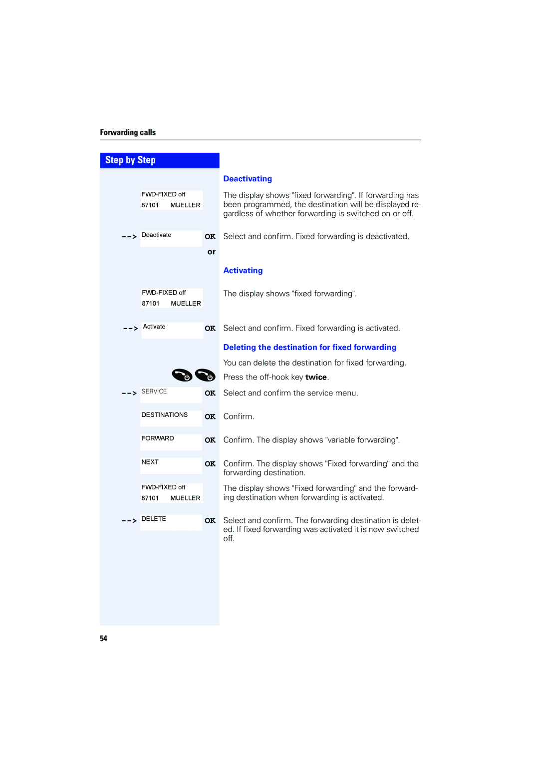 Siemens 4000 operating instructions Deactivating, Activating, Deleting the destination for fixed forwarding 