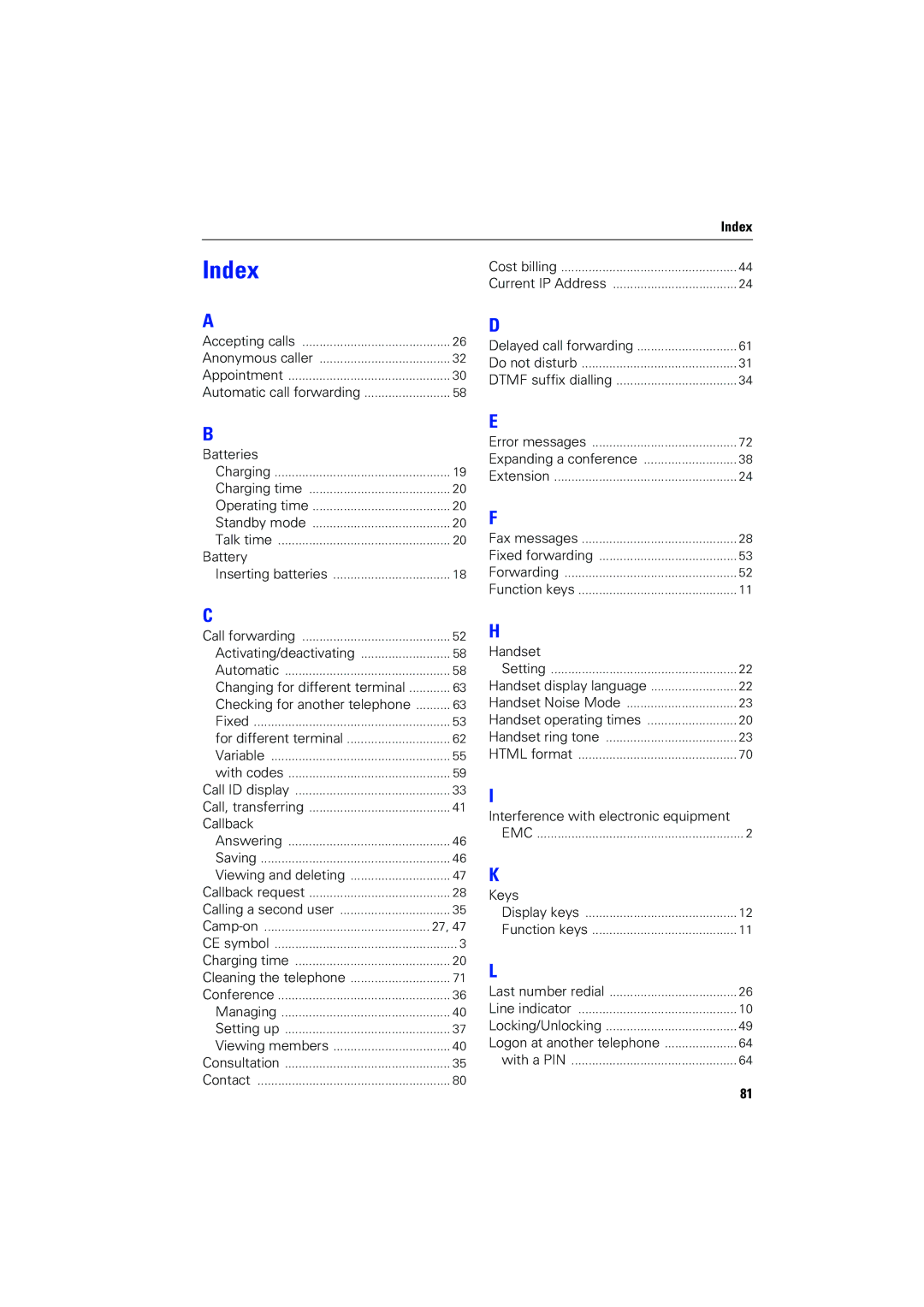 Siemens 4000 operating instructions Index, Battery 