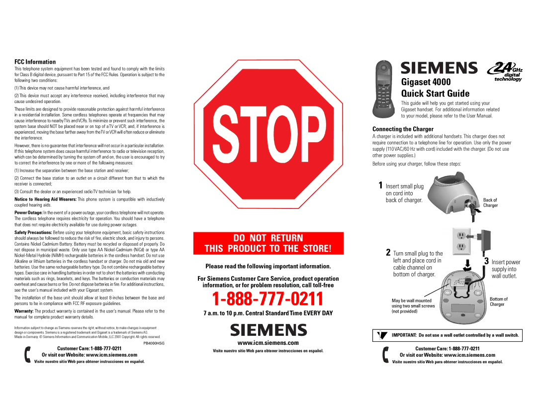 Siemens 4000 quick start FCC Information, Connecting the Charger, Please read the following important information 