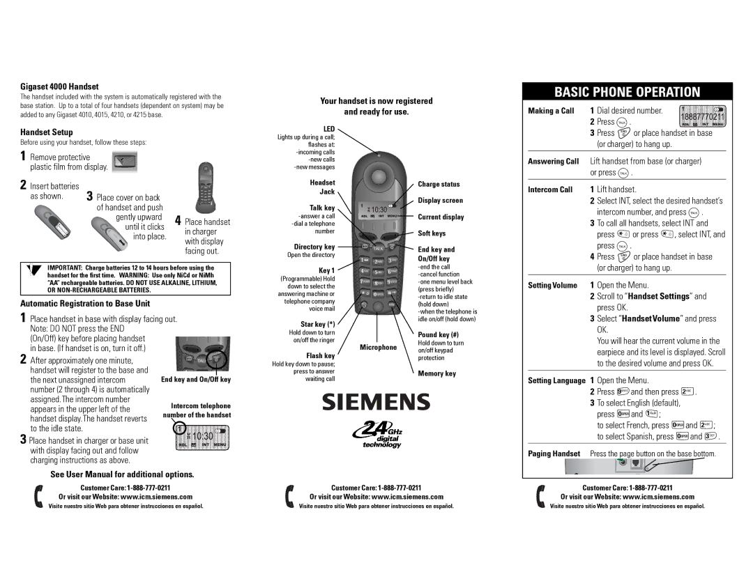 Siemens quick start Gigaset 4000 Handset, Your handset is now registered Ready for use, Handset Setup 