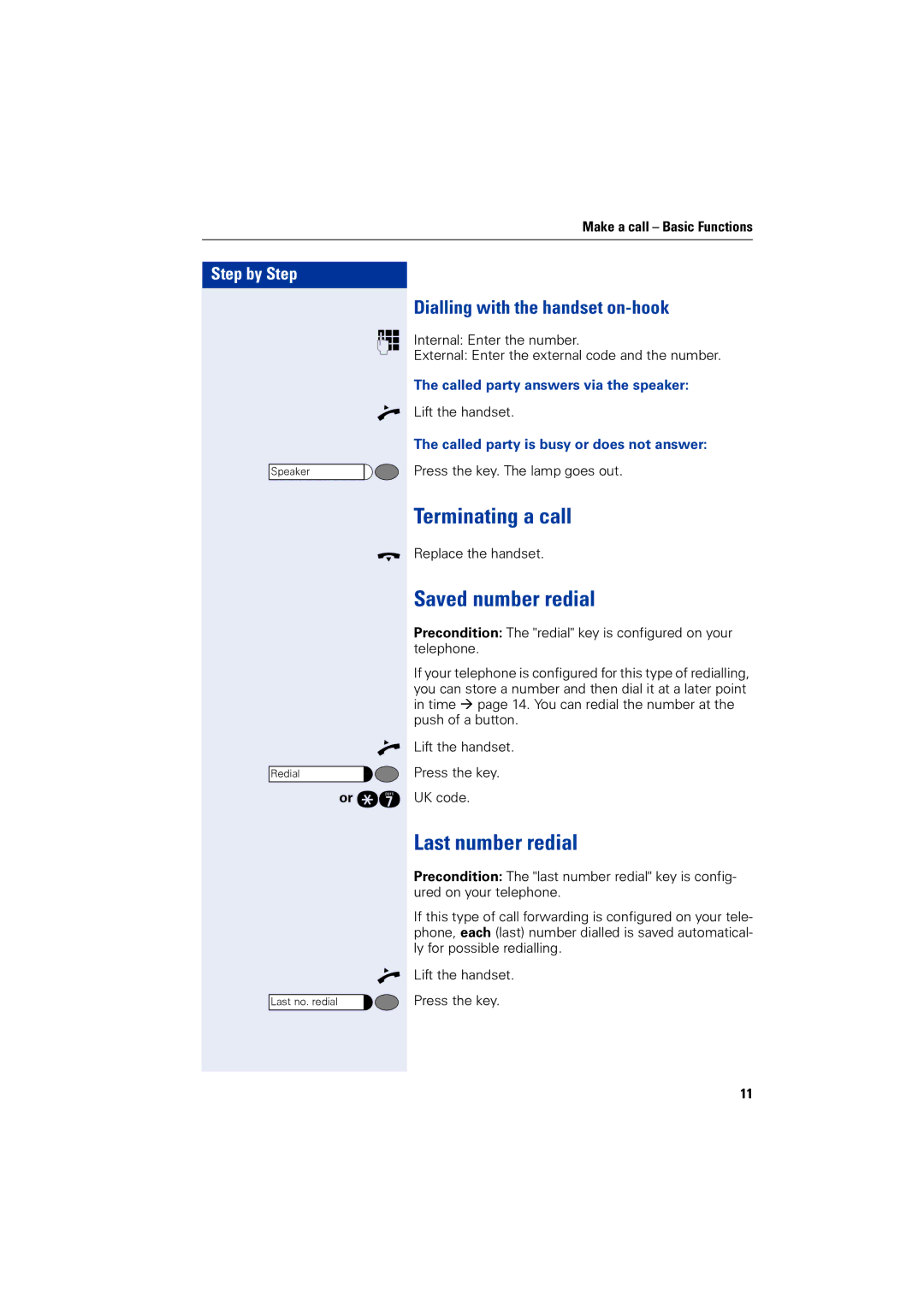 Siemens 4000 Terminating a call, Saved number redial, Last number redial, Dialling with the handset on-hook 