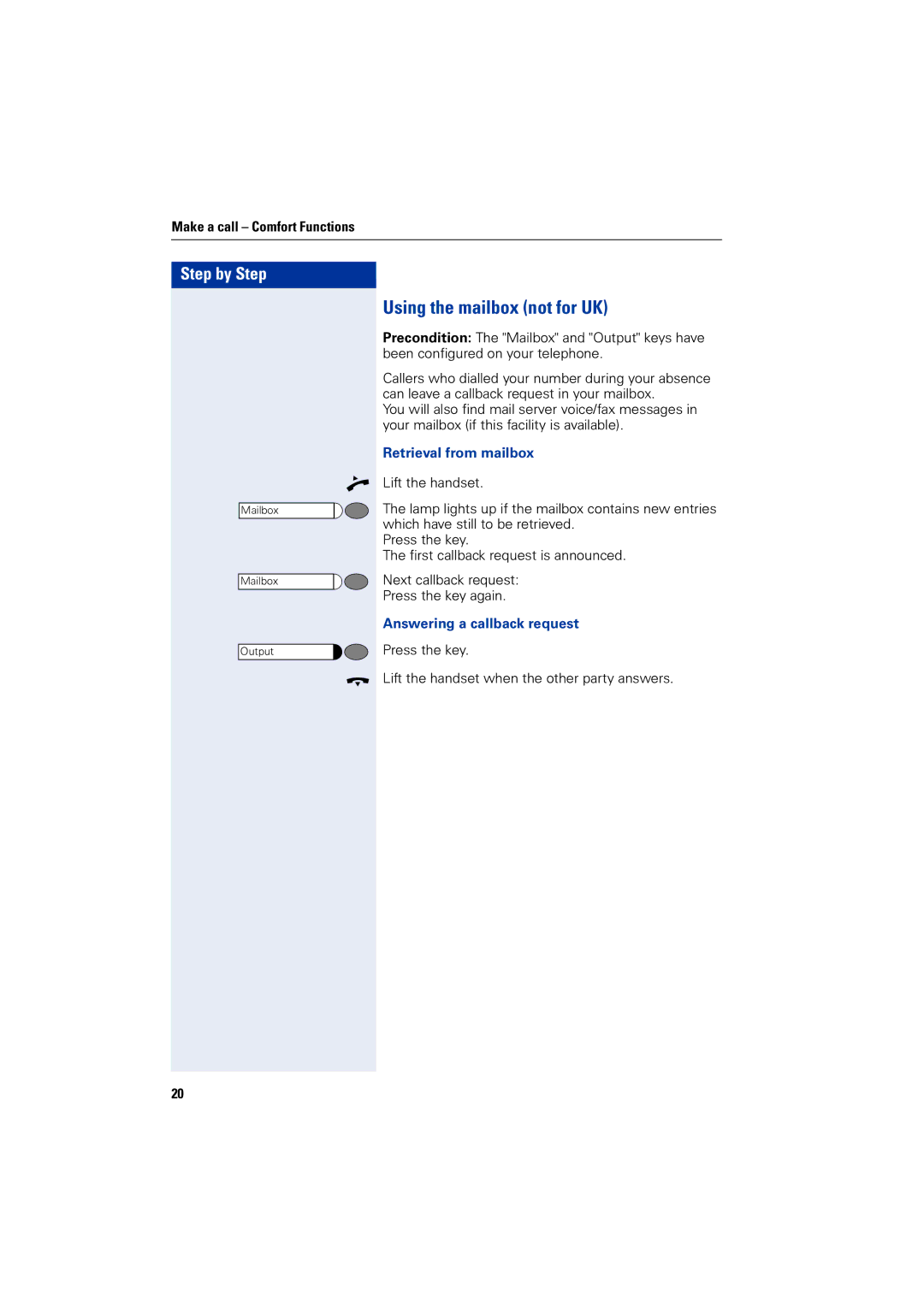 Siemens 4000 operating instructions Using the mailbox not for UK, Retrieval from mailbox, Answering a callback request 