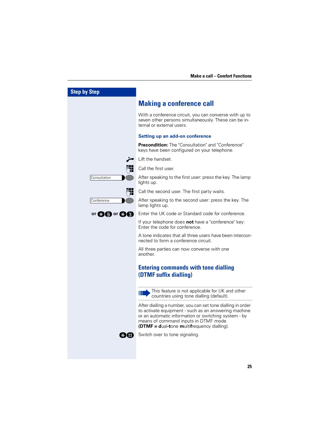 Siemens 4000 operating instructions Making a conference call, Entering commands with tone dialling Dtmf suffix dialling 