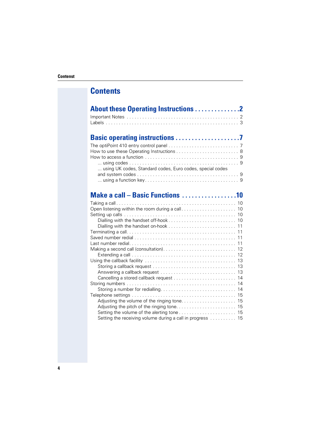 Siemens 4000 operating instructions Contents 