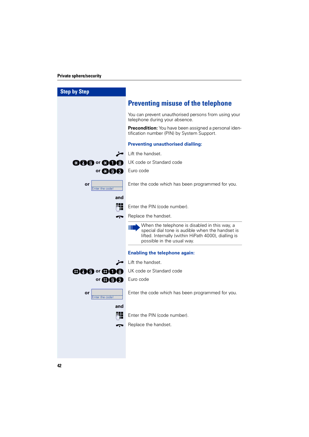 Siemens 4000 Preventing misuse of the telephone, Preventing unauthorised dialling, Enabling the telephone again 