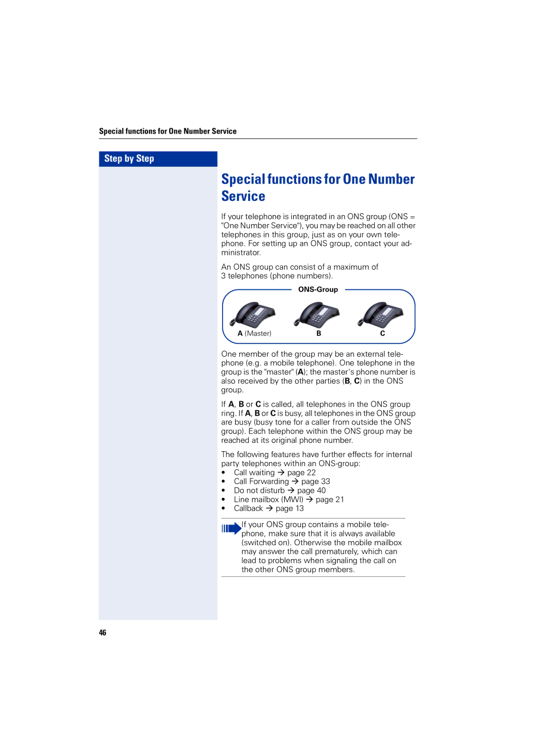 Siemens 4000 operating instructions Special functions for One Number Service 