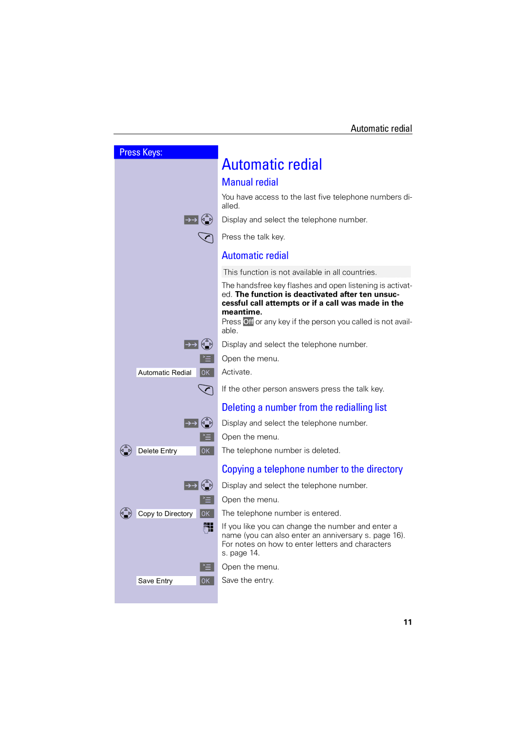 Siemens 4000i operating instructions Automatic redial, Manual redial, Deleting a number from the redialling list 