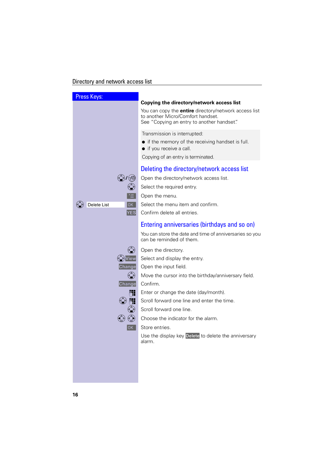 Siemens 4000i operating instructions Deleting the directory/network access list, Entering anniversaries birthdays and so on 