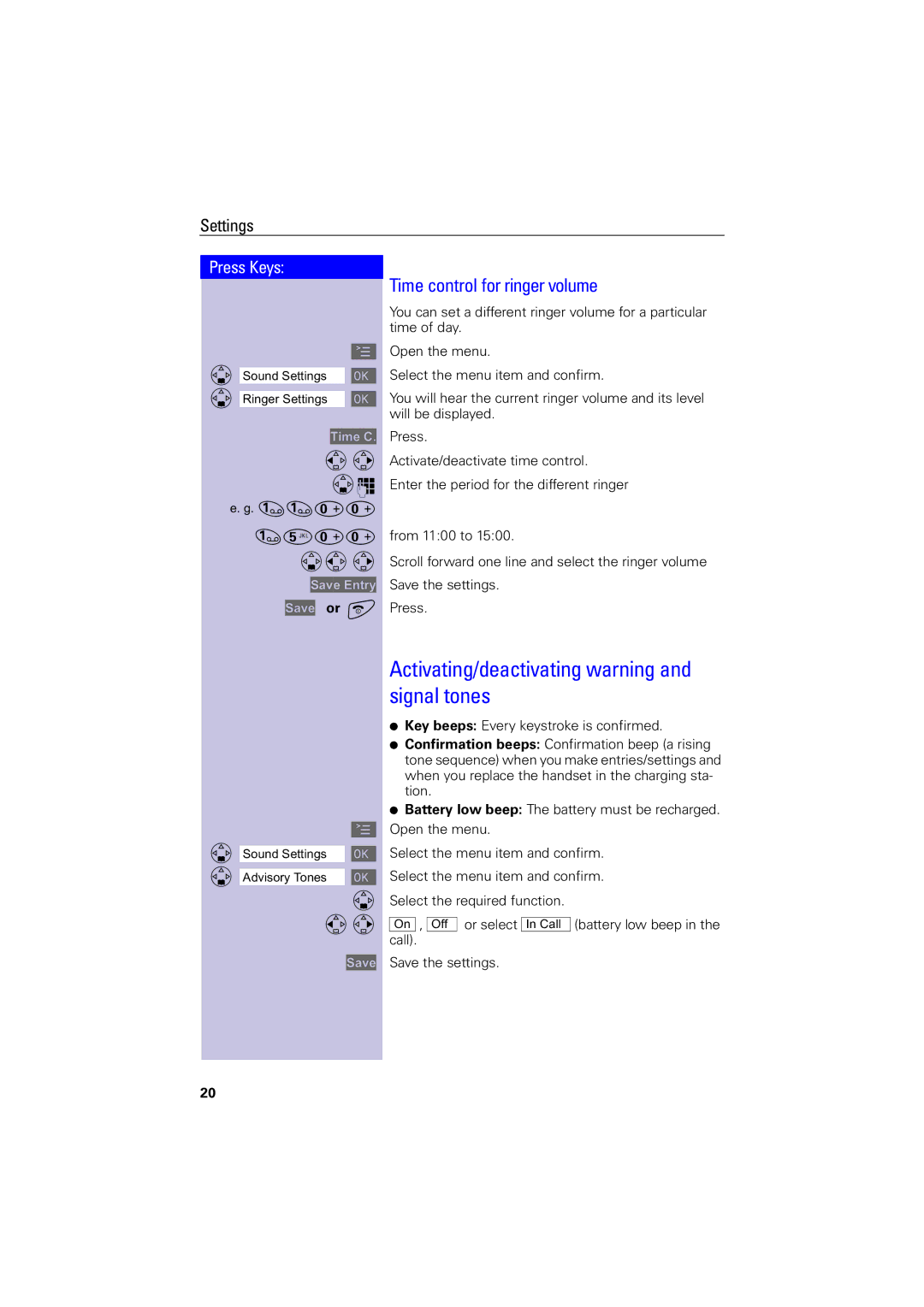 Siemens 4000i operating instructions Activating/deactivating warning and signal tones, Time control for ringer volume 