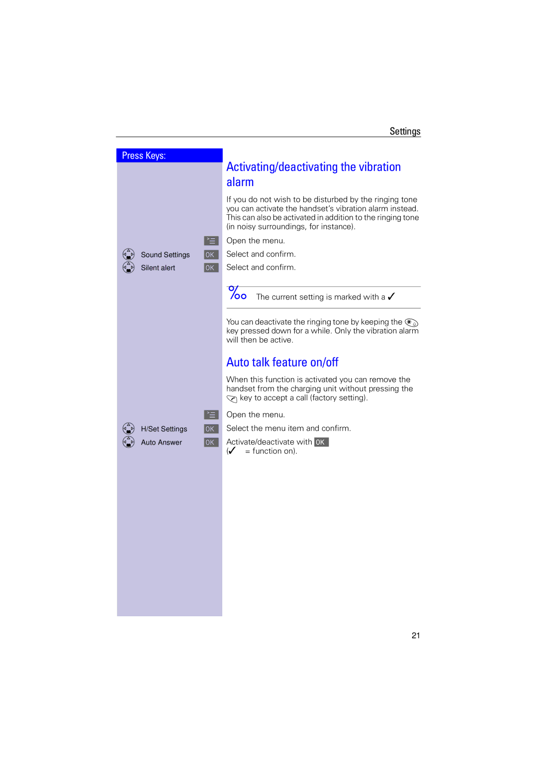 Siemens 4000i operating instructions Activating/deactivating the vibration alarm, Auto talk feature on/off 