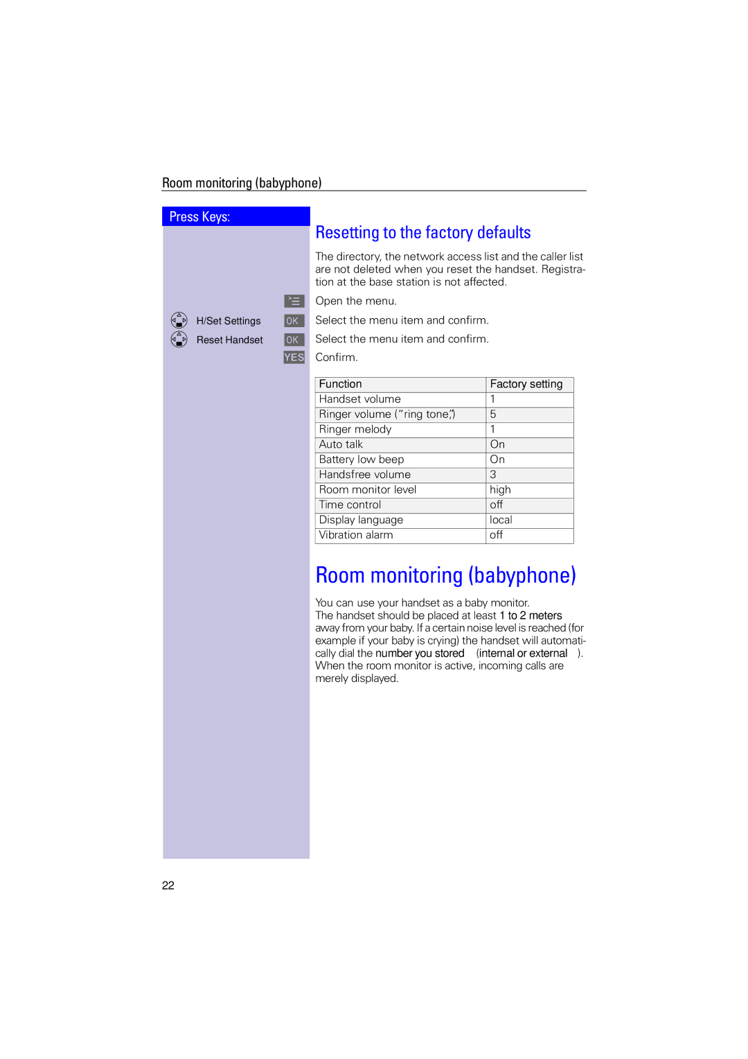 Siemens 4000i operating instructions Room monitoring babyphone, Resetting to the factory defaults, Function Factory setting 