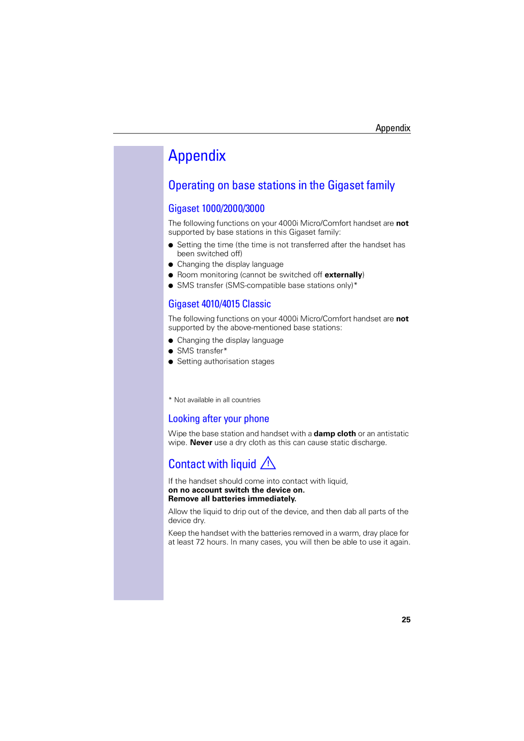 Siemens 4000i operating instructions Appendix, Operating on base stations in the Gigaset family, Contact with liquid 