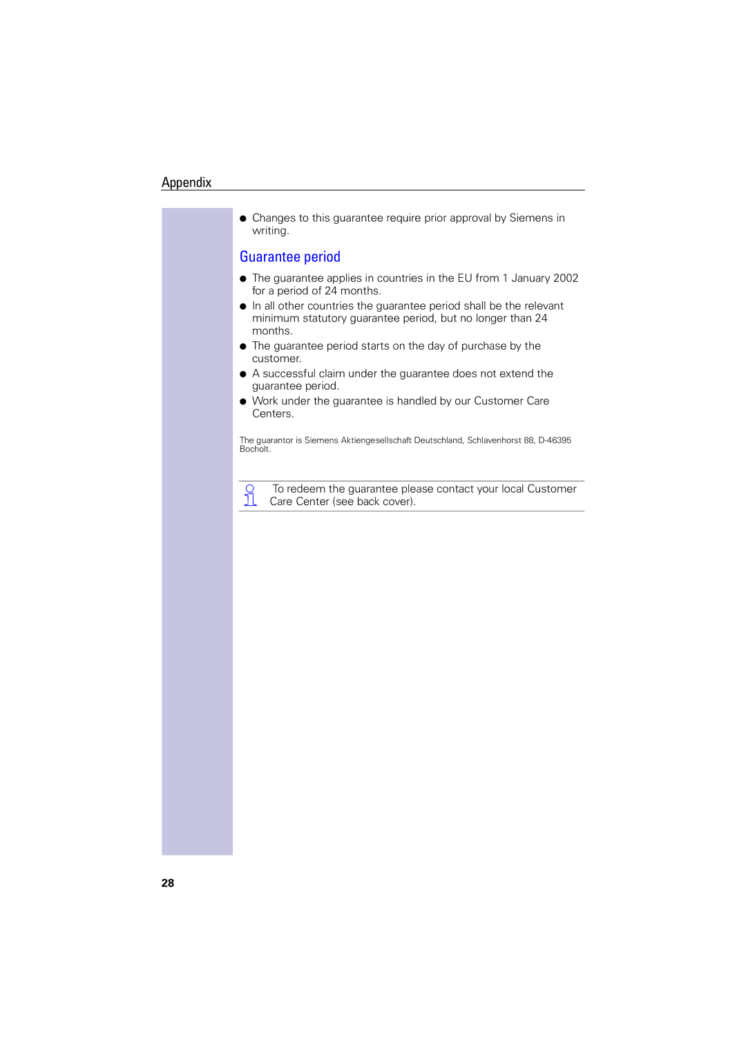 Siemens 4000i operating instructions Guarantee period 