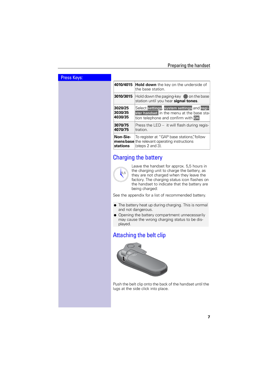 Siemens 4000i operating instructions Charging the battery, Attaching the belt clip 