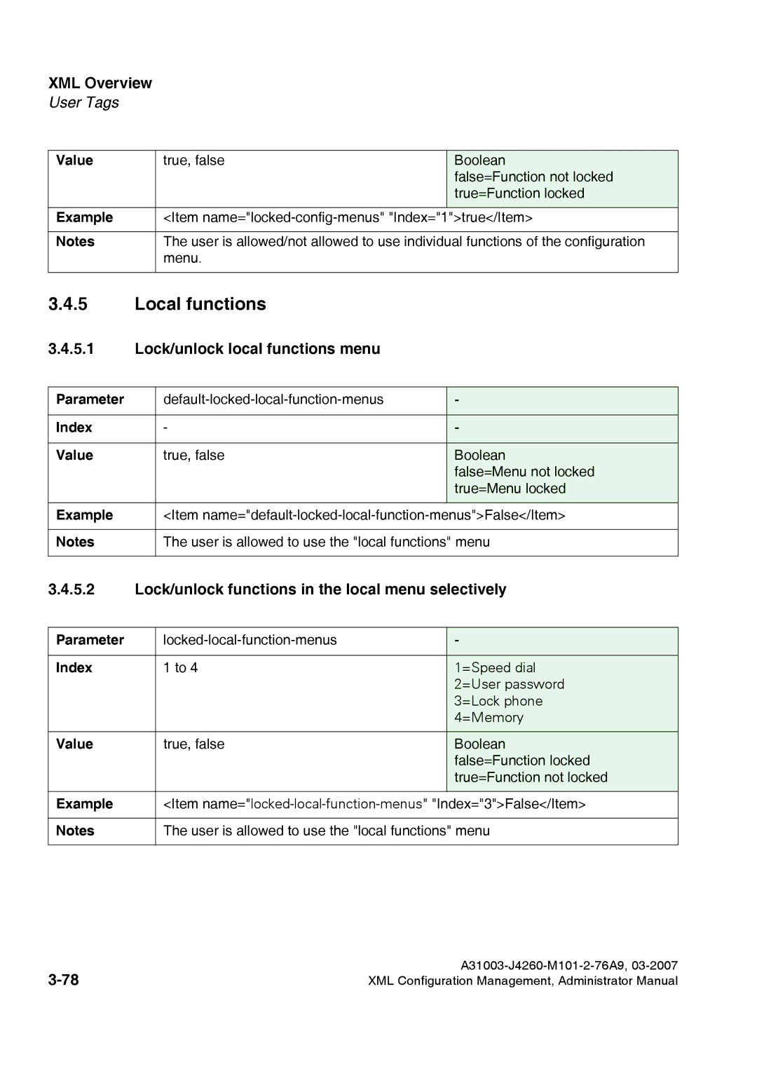 Siemens 420 S V6.0 Local functions, Lock/unlock local functions menu, Lock/unlock functions in the local menu selectively 