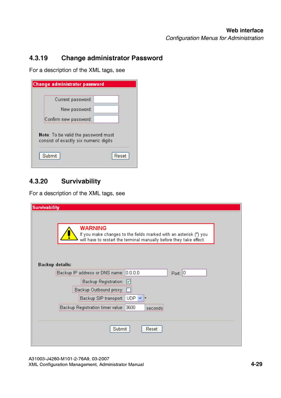 Siemens 410 S V6.0, 420 S V6.0 manual Change administrator Password, Survivability 