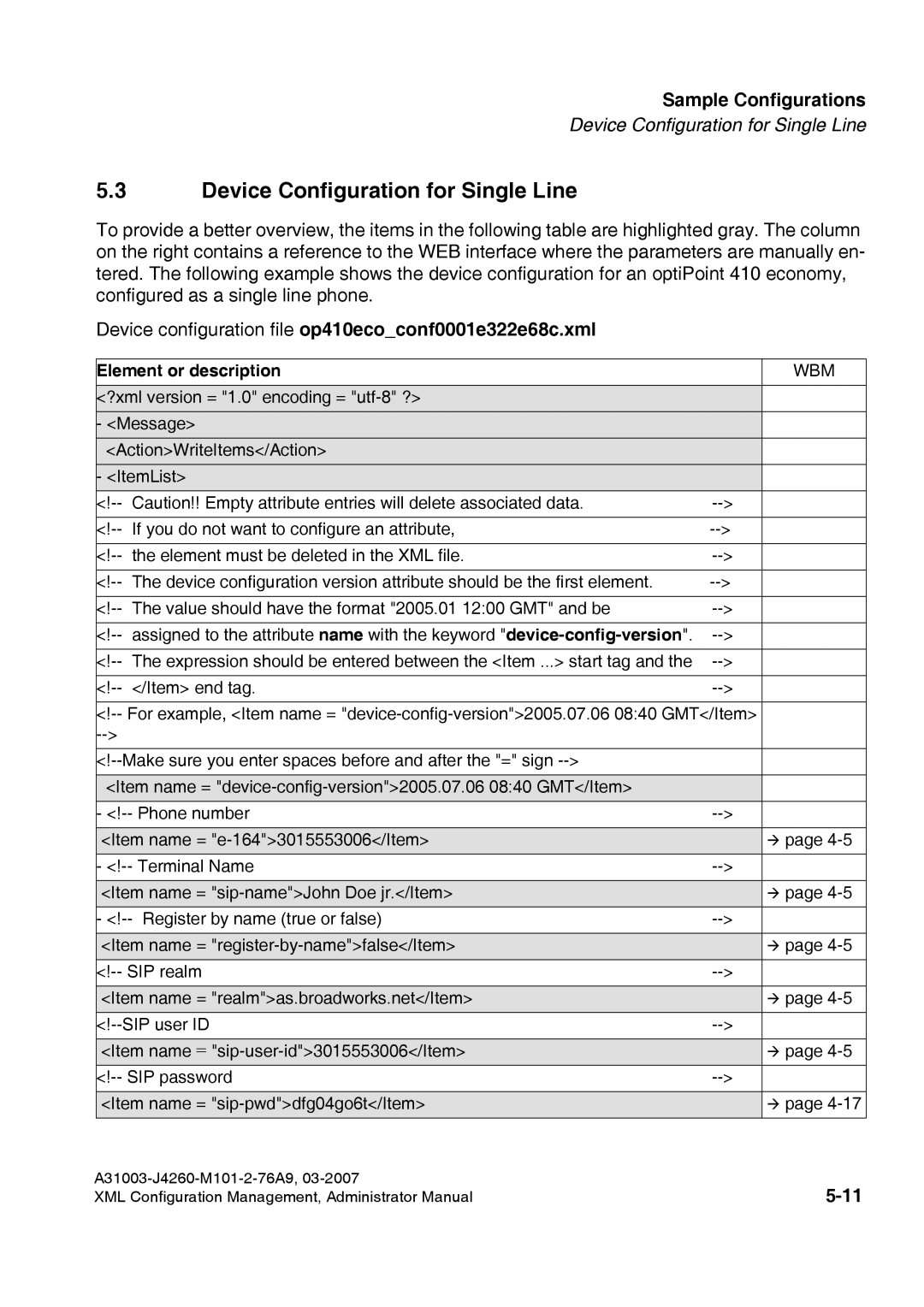 Siemens 410 S V6.0 manual Device Configuration for Single Line, Device configuration file op410ecoconf0001e322e68c.xml 