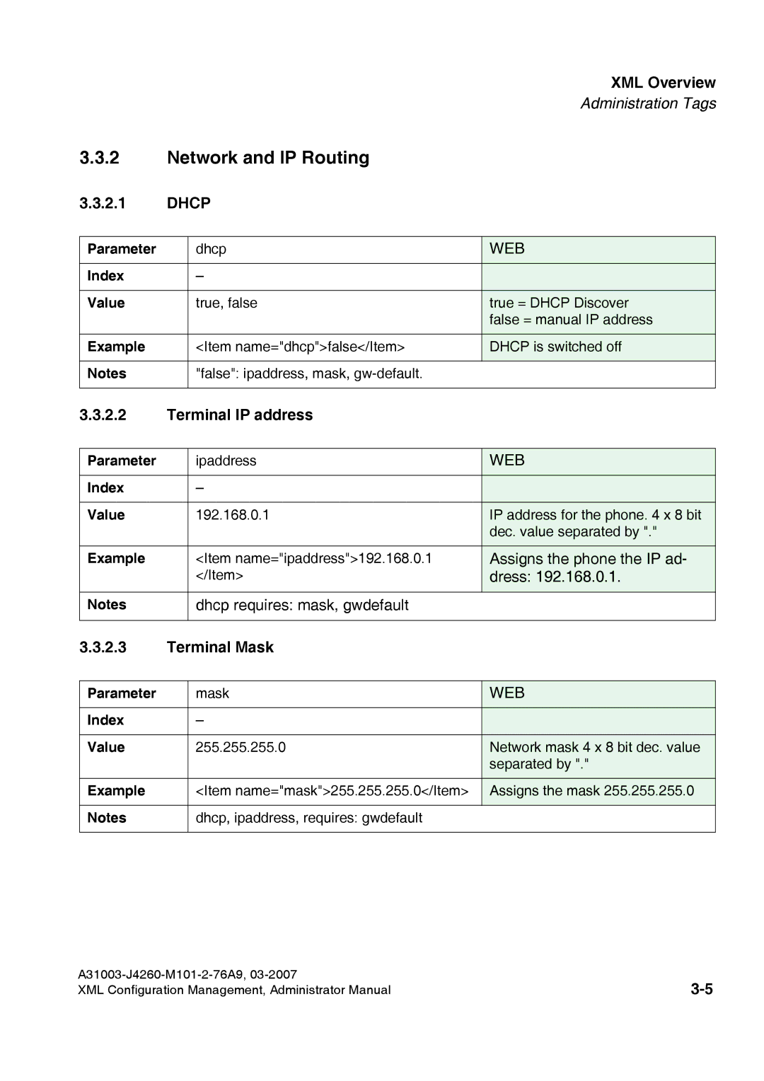 Siemens 410 S V6.0, 420 S V6.0 manual Network and IP Routing, Dhcp, Terminal IP address, Terminal Mask 