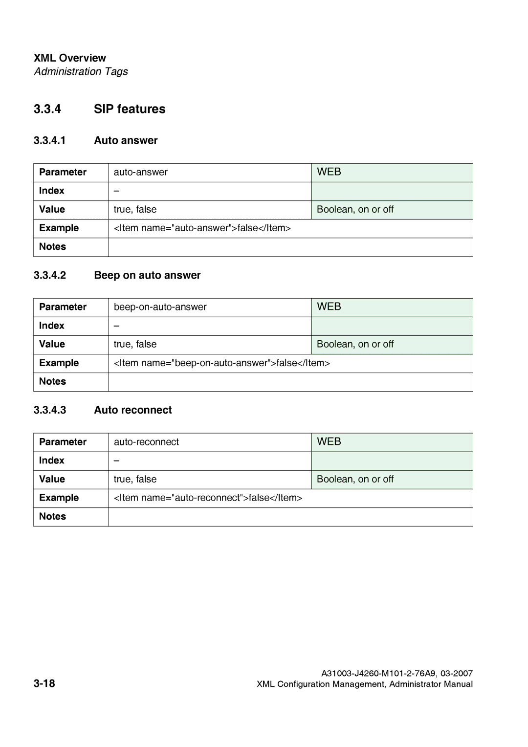 Siemens 420 S V6.0, 410 S V6.0 manual SIP features, Auto answer, Beep on auto answer, Auto reconnect 