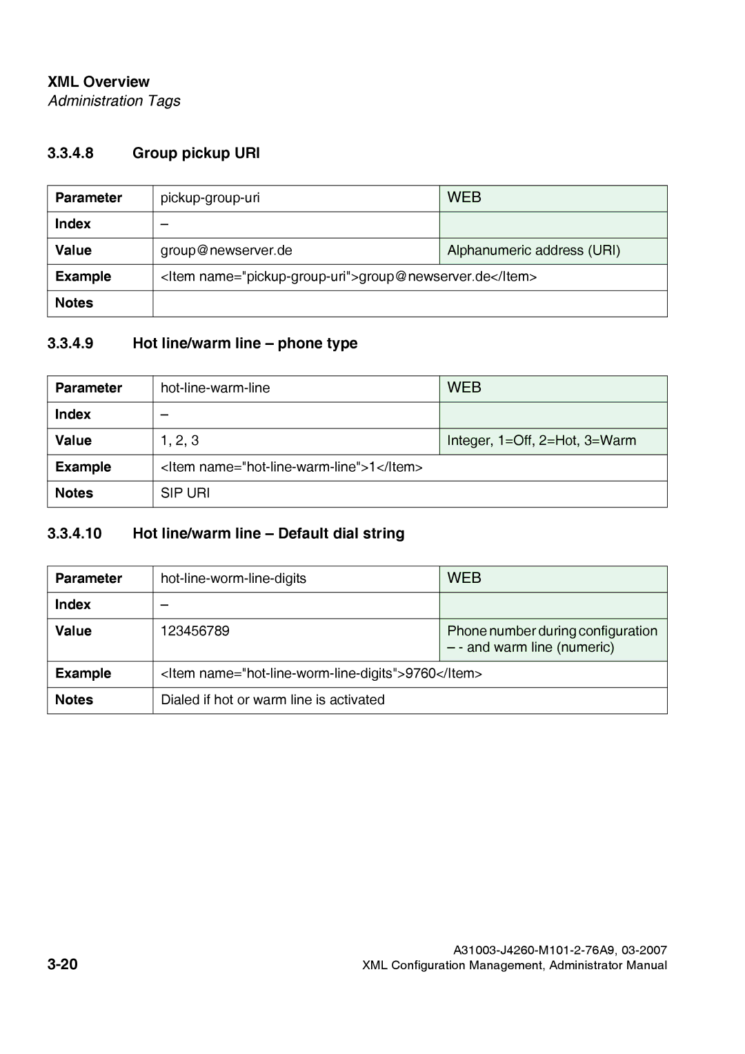 Siemens 420 S V6.0, 410 S V6.0 Group pickup URI, Hot line/warm line phone type, Hot line/warm line Default dial string 