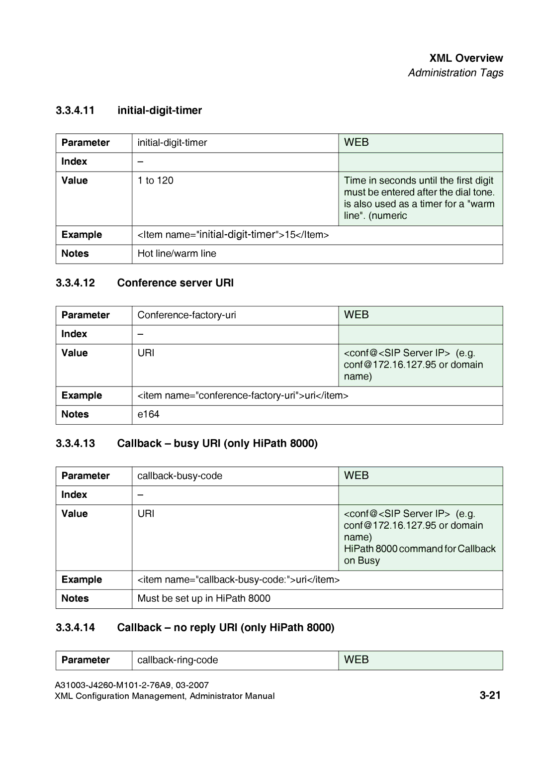 Siemens 410 S V6.0, 420 S V6.0 manual Initial-digit-timer, Conference server URI, Callback busy URI only HiPath 