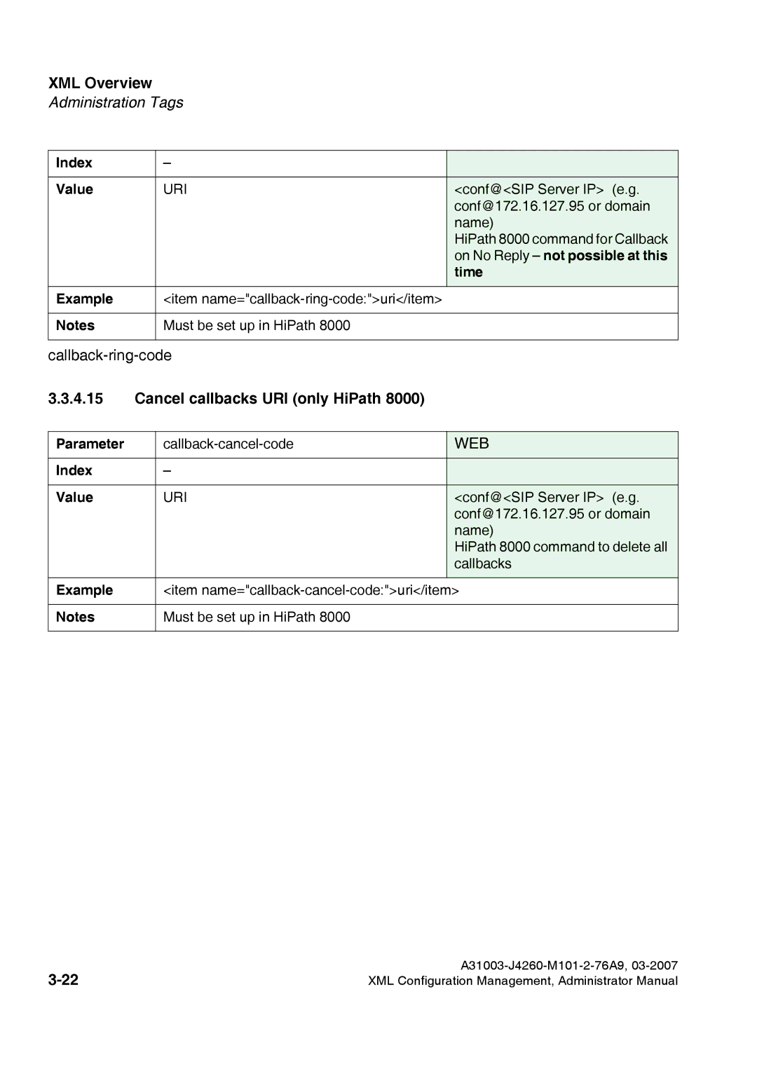 Siemens 420 S V6.0, 410 S V6.0 manual Cancel callbacks URI only HiPath 