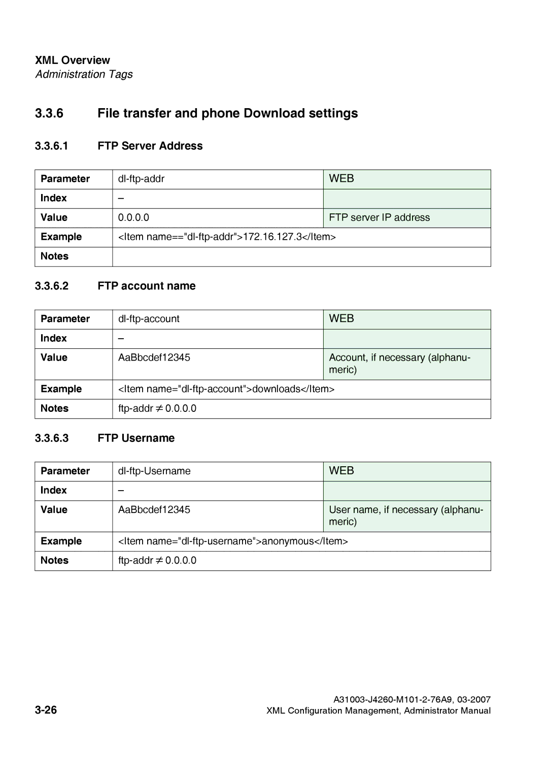 Siemens 420 S V6.0 manual File transfer and phone Download settings, FTP Server Address, FTP account name, FTP Username 