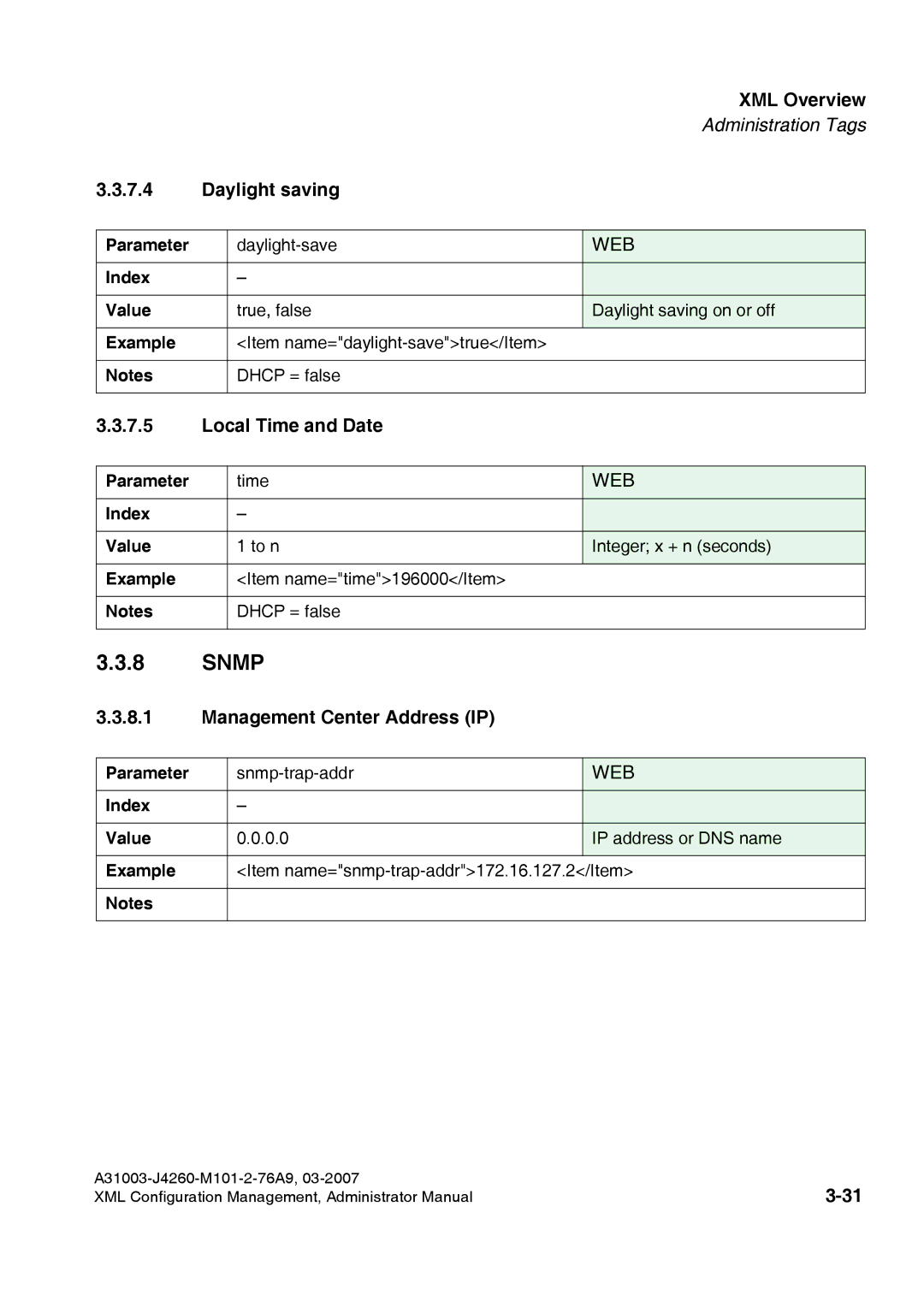 Siemens 410 S V6.0, 420 S V6.0 manual Snmp, Daylight saving, Local Time and Date, Management Center Address IP 