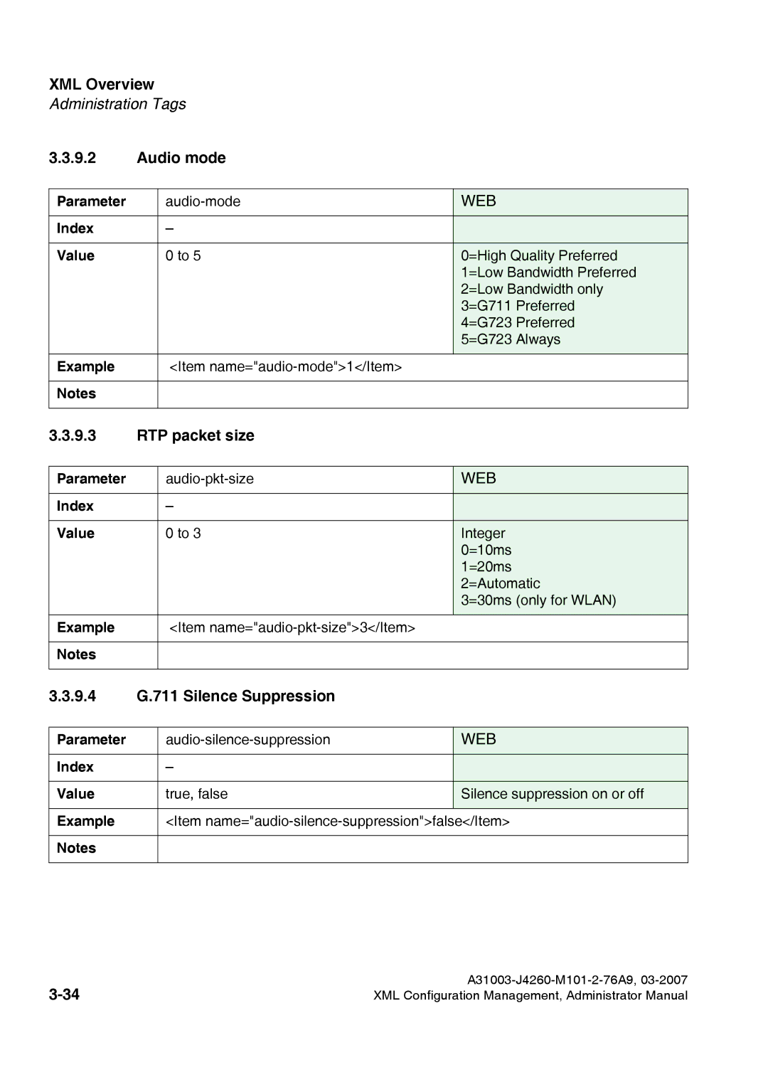 Siemens 420 S V6.0, 410 S V6.0 manual Audio mode, RTP packet size, 9.4 G.711 Silence Suppression 