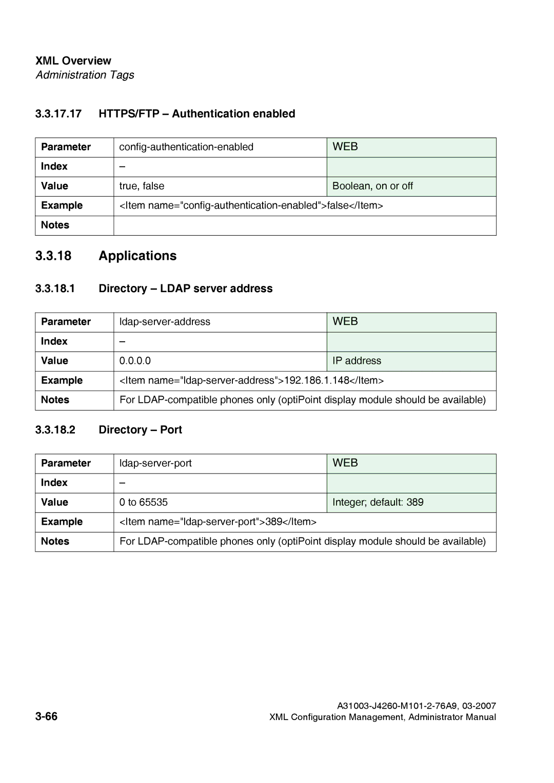 Siemens 420 S V6.0 manual Applications, HTTPS/FTP Authentication enabled, Directory Ldap server address, Directory Port 